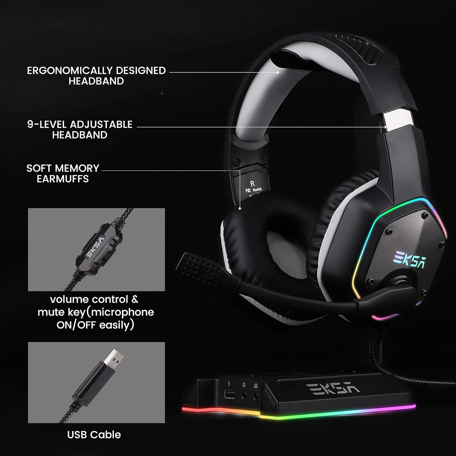 EKSA E1000 USB Gaming Headset for PC - over Ear Headphones with Cable, Nosie Cancelling Mic, Surround Sound, RGB Lighting - Gaming Headphones with Microphone for PS4/PS5 Console, Laptop