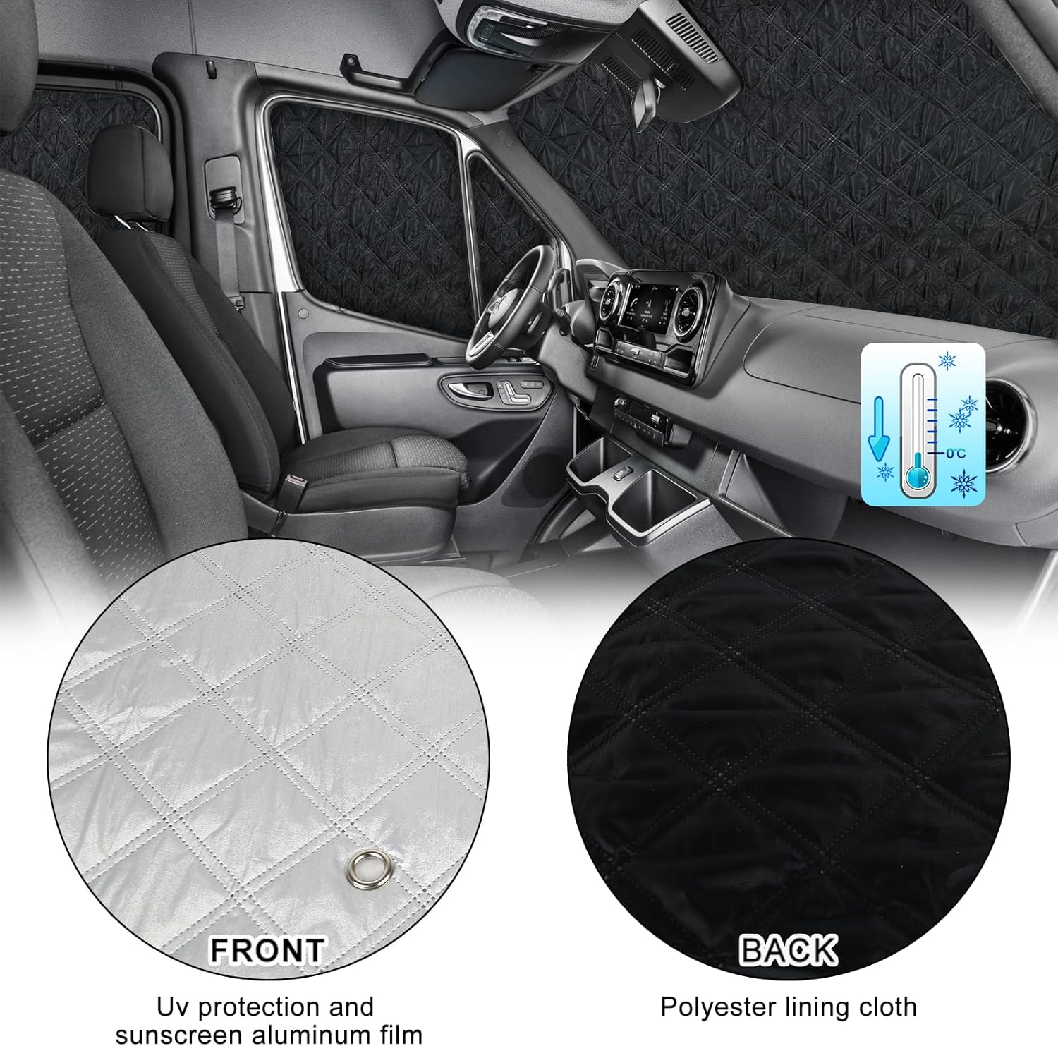 Federedevo Mercedes Sprinter Sun Shade 7-Piece Set 2019-2023 | Full Cabin Thermal Insulation Kit for LWB Vans | UV Blocker + Privacy Covers (Front/Rear/Side Windows) image number 3