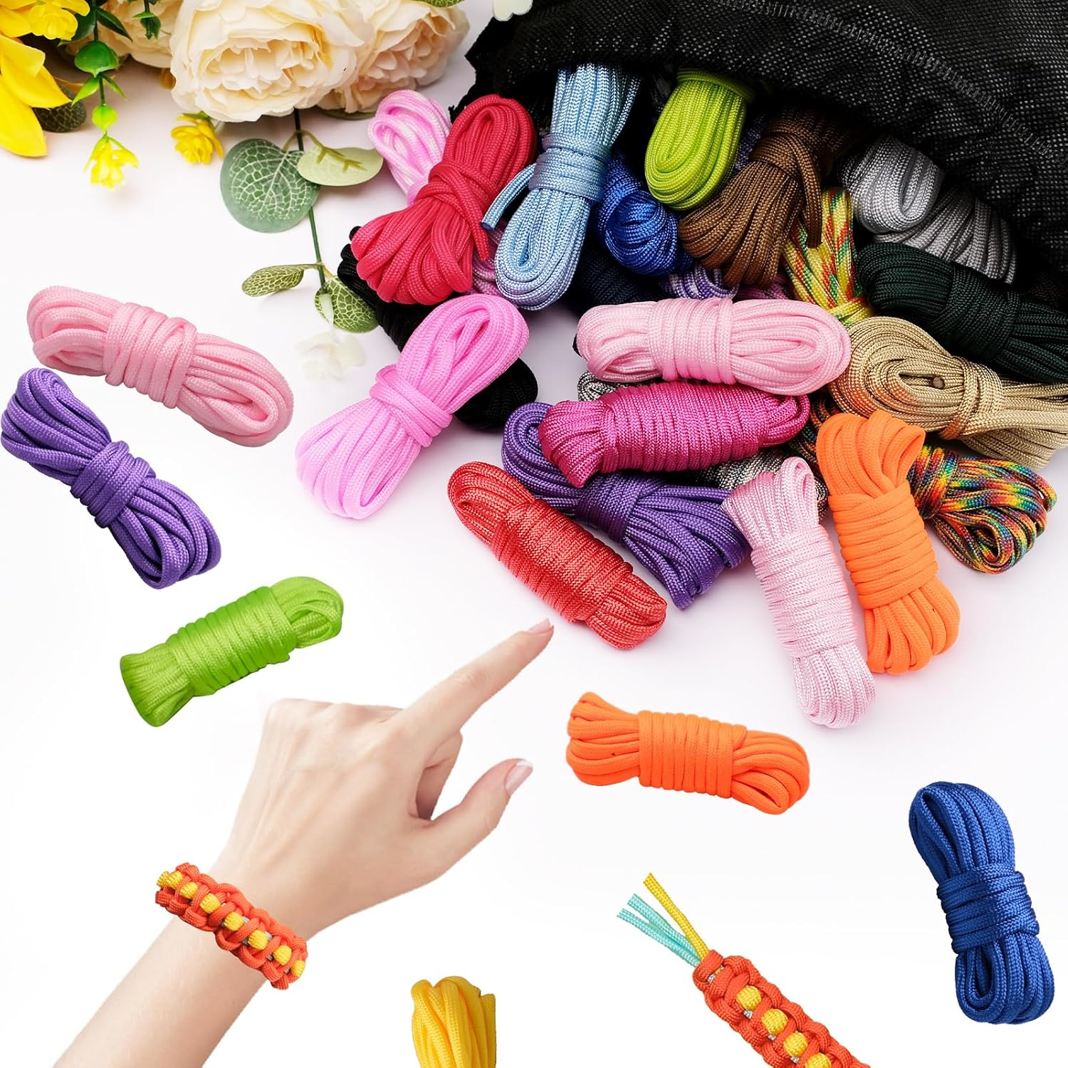 CONEHOY 85 Pcs Paracord 550 Combo Kit 10 Feet Tent Rope Multifunction Parachute Paracord Bracelet Making Kit Outdoor Survival Rope with Drawstring Bag for Making Lanyard Dog Collar Great Gift image number 1