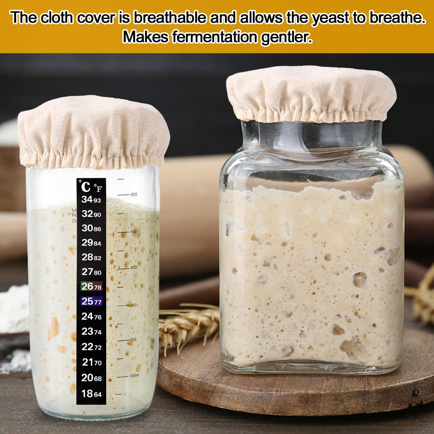 3 Sets Replacement Sourdough Starter Set for Jars, Including Fabrics Sourdough Jar Lid and Thermometer Strips Bread Rice Lid for 7.5-10.2Cm Potmond Baking Supplies for Bread Fermentation image number 6