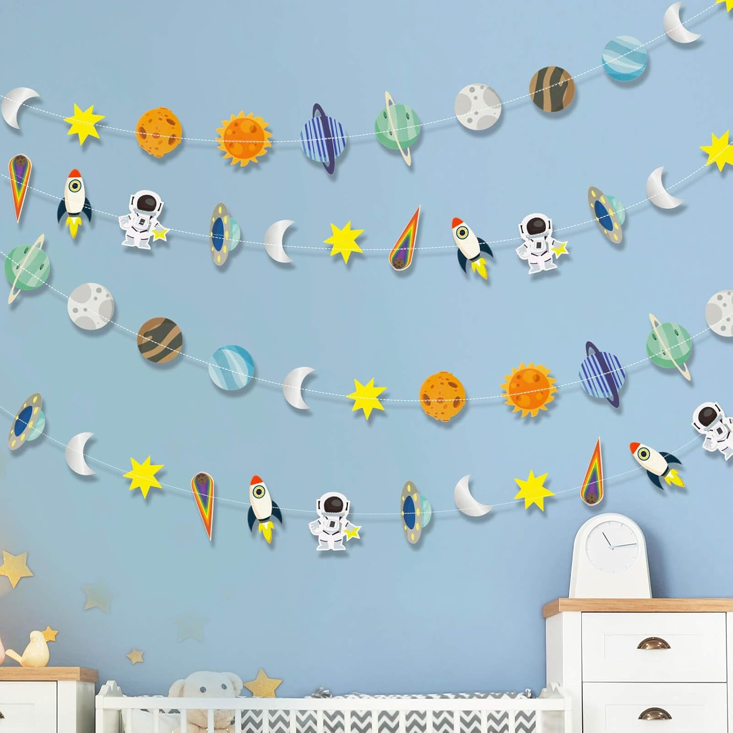 Galaxy Solar System Hanging Paper Garland, Astronauts Rockets Stars Hanging Decoration, Blast off to Outer Space Banner for Kids Bedroom Birthday Party Decor Supplies