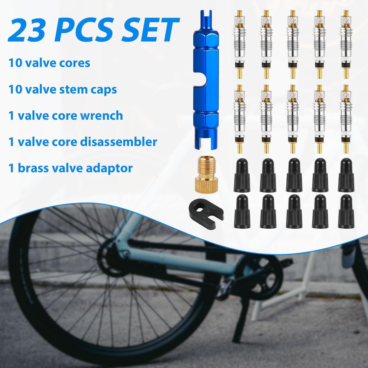 XIHIRCD Valve Core Repair Kit, 10Pcs Valve Cores & 10Pcs Valve Caps with Wrench Brass Joint Disassembler Easy to Replace Valve Core Bike Replacement Kit image number 1