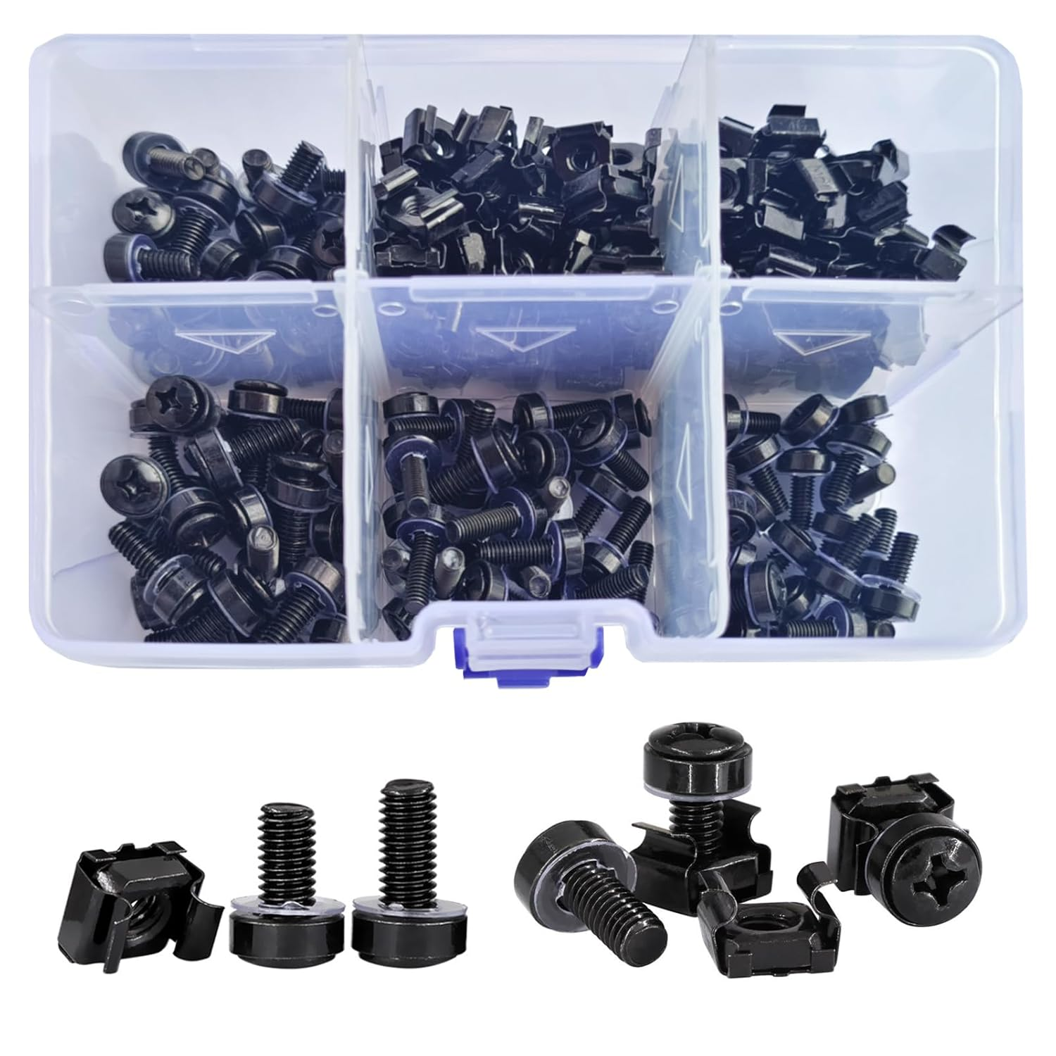 Ymaiss 100Sets/200Pcs M5 M6 Cage Nuts Screws and Washers Set,Metric Square Hole Hardware Cage Nut Screws and Washers for Rack Mount Server Shelves Cabinet,Routers Server Rack Black image number 2