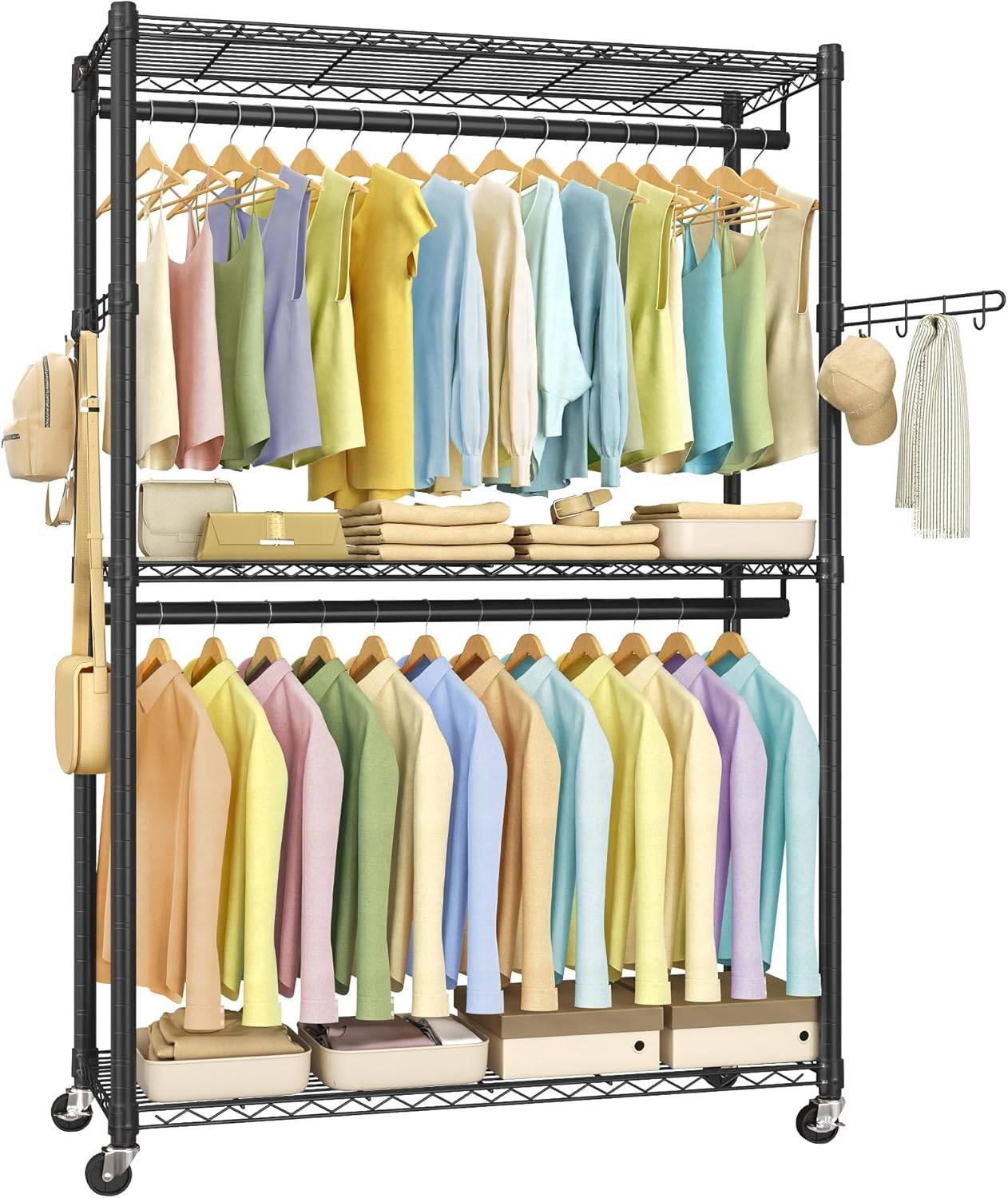 SONGMICS Garment Rack, Heavy-Duty Rolling Clothes Rack, Portable Closet Rack, 43.3-Inch Wide Clothing Rack on Wheels, with Adjustable Mesh Shelves and Hanging Rails, Hooks, Ink Black ULGR414B01 image number 2