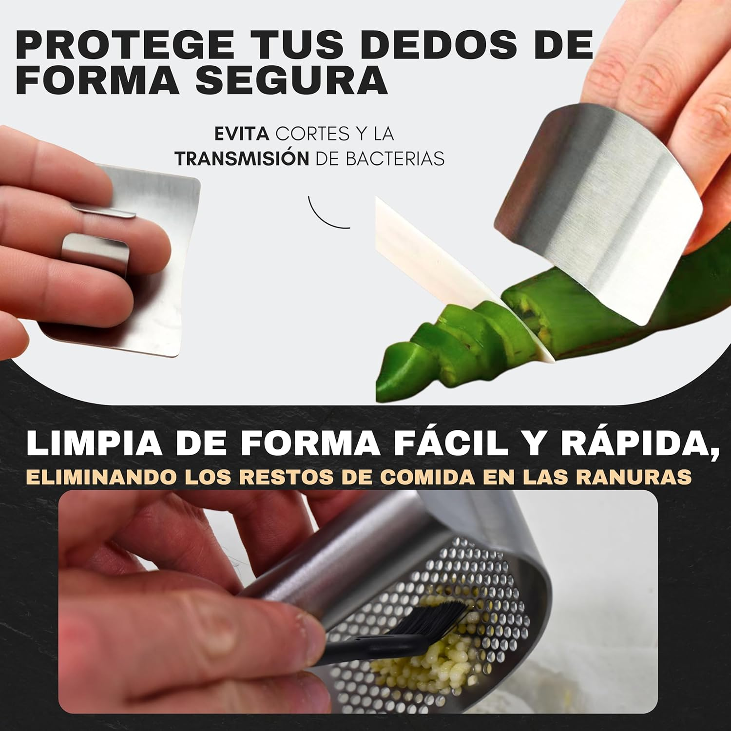 Garlic Press Stainless Steel Garlic Mincer Gifts: Silicone Garlic Peeler, Finger Cut Protector and Cleaning Brush image number 2