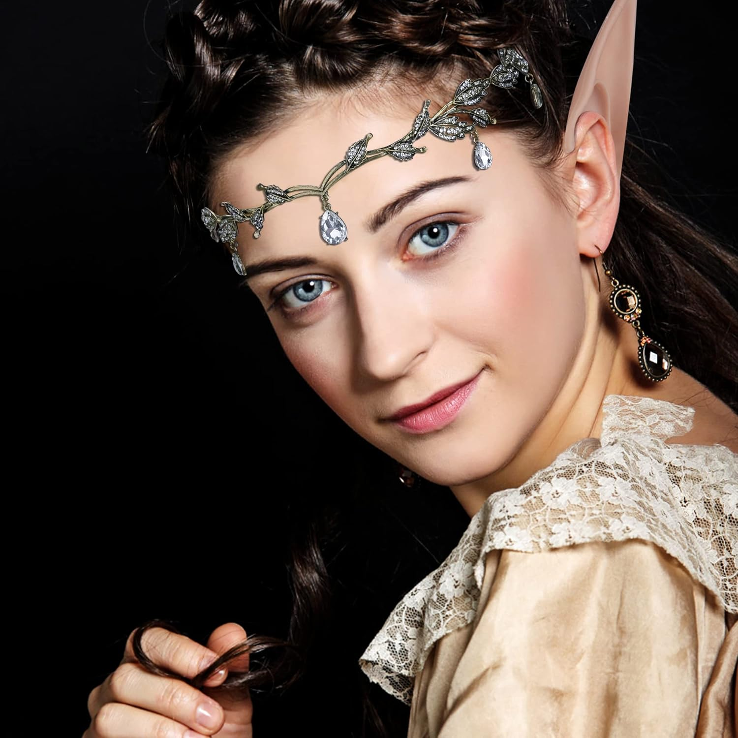 FRESHME Elf Ears with Fairy Crown Set Pixie Headpiece with 2 Pairs Fairy Ears Kit - Crystal Crown - Gold Set image number 6