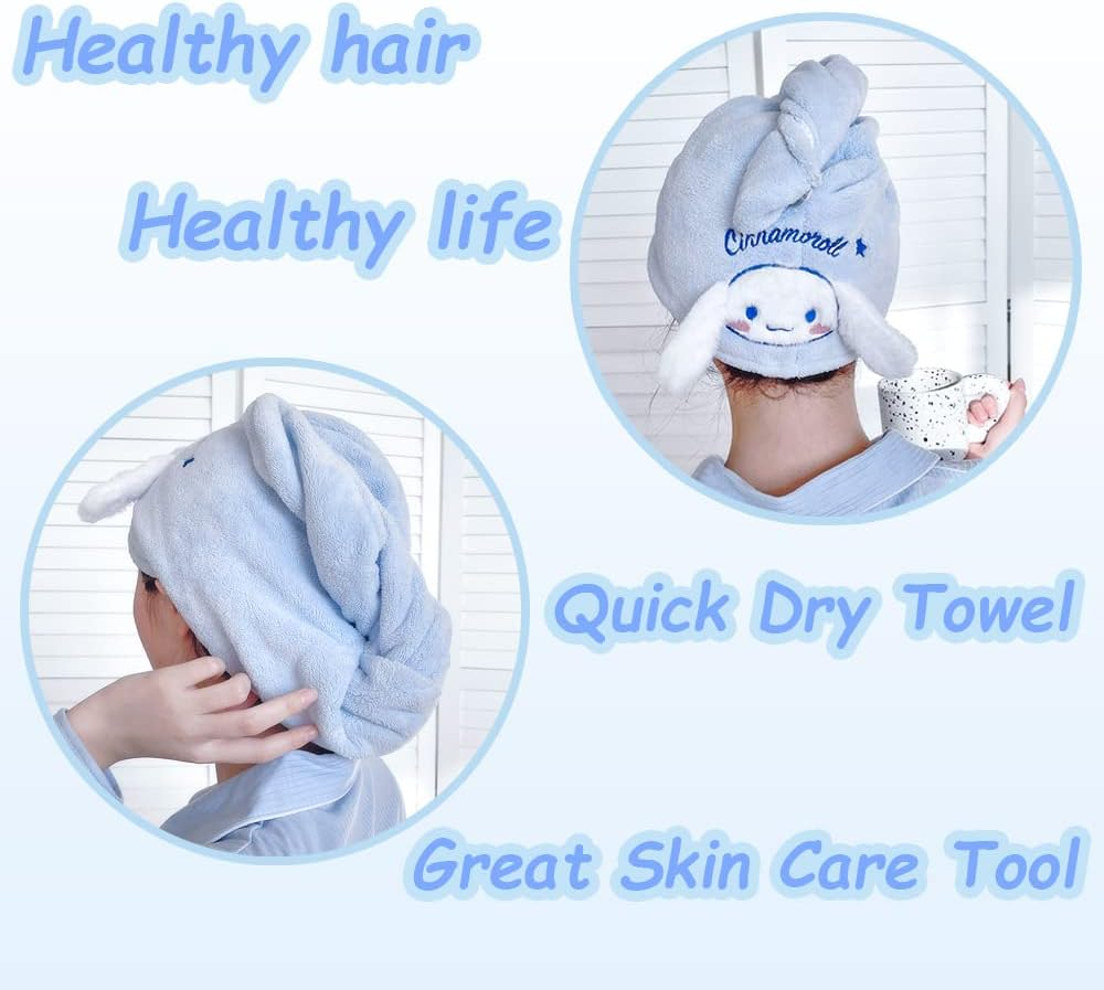 Kawaii Microfiber Hair Towel for Women, Super Absorbent Hair Shower Cap for Long Hair, Quick Dry Towel Wrap with Botton of Cute Hairbands for Women Girls Bath Accessories(White) image number 1