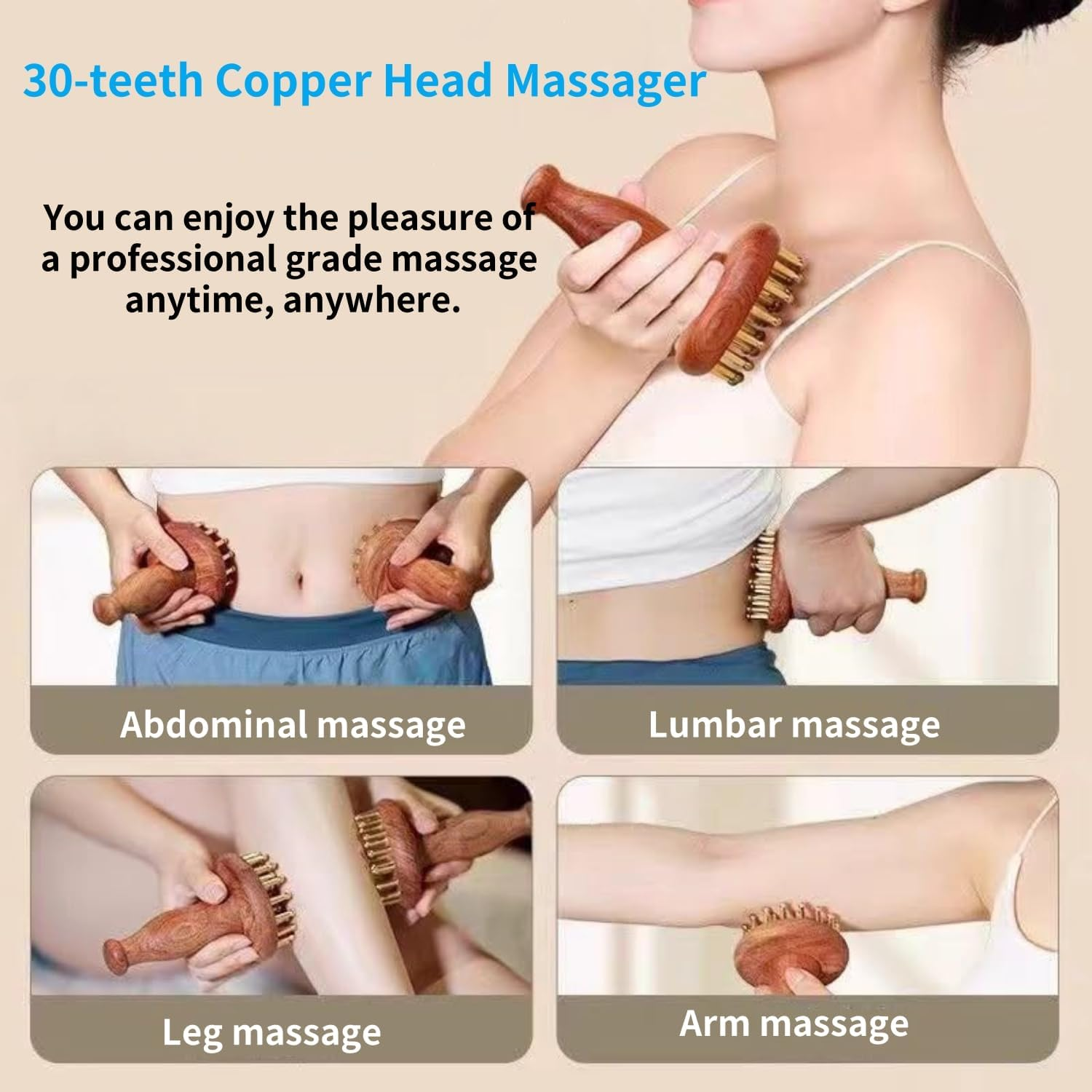 Wood Therapy Massage Tools 29-Teeth Copper Head Massager, Home SPA Body Relaxing and Stress Relief Handheld Massager, for Legs, Arms, Neck, Shoulder image number 5