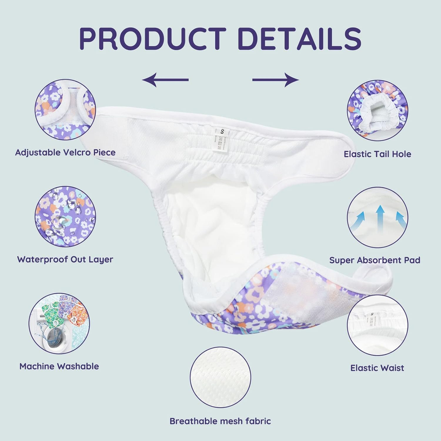 BELLA & PAL Washable Dog Diapers Female, 3 Pack Highly Absorbent Dog Diapers for Small Dogs, Leak-Proof Puppy Diapers for Female Dog in Heat, Period (XS (7-10" Waist), Pink& Purple& Green) - S (10 - 14" Waist), Natural Joy image number 4