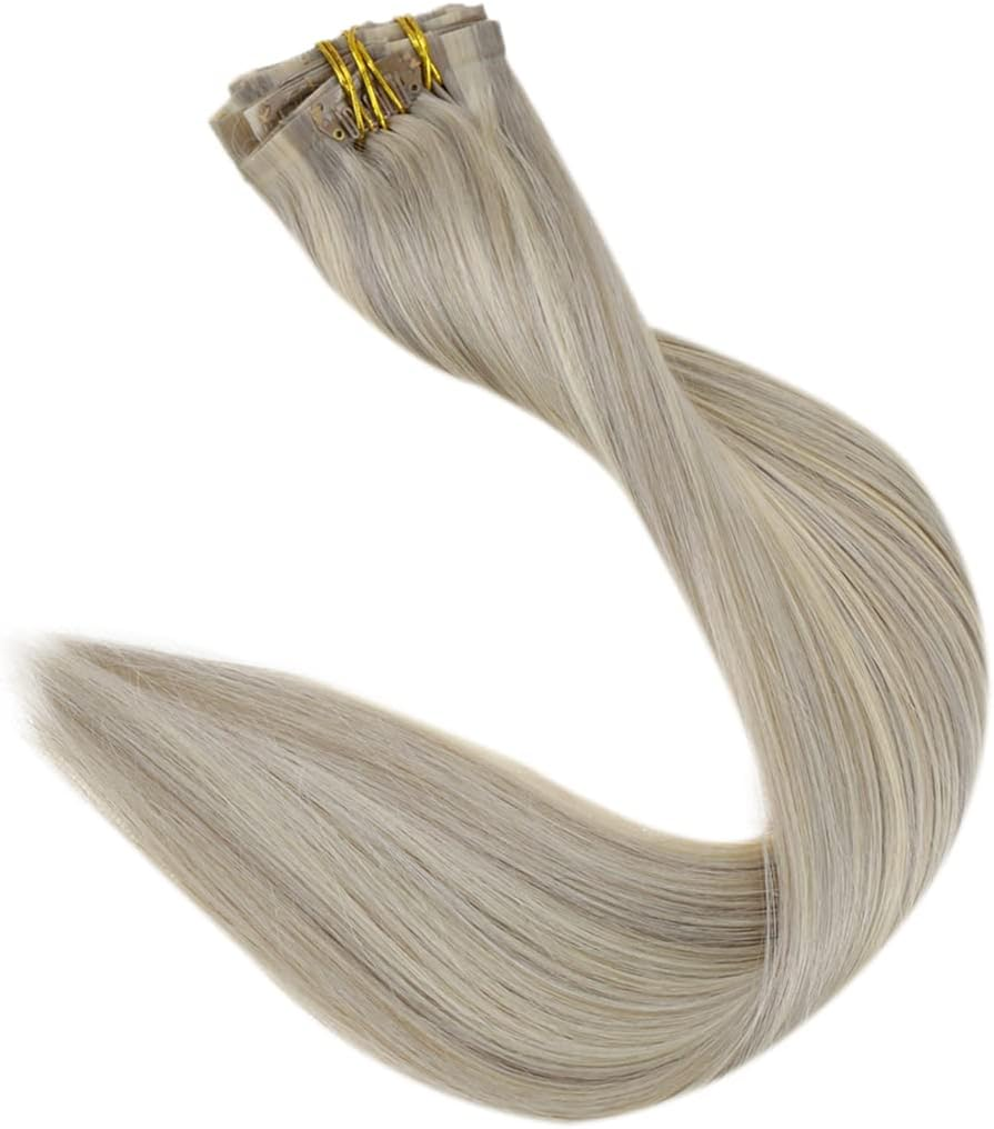 Pu Clip Hair Extensions Remy Human Hair 100G Seamless Invisible Clip in Extensions Human Hair Color Blonde Greyp60 16Inches 100G/Set image number 5