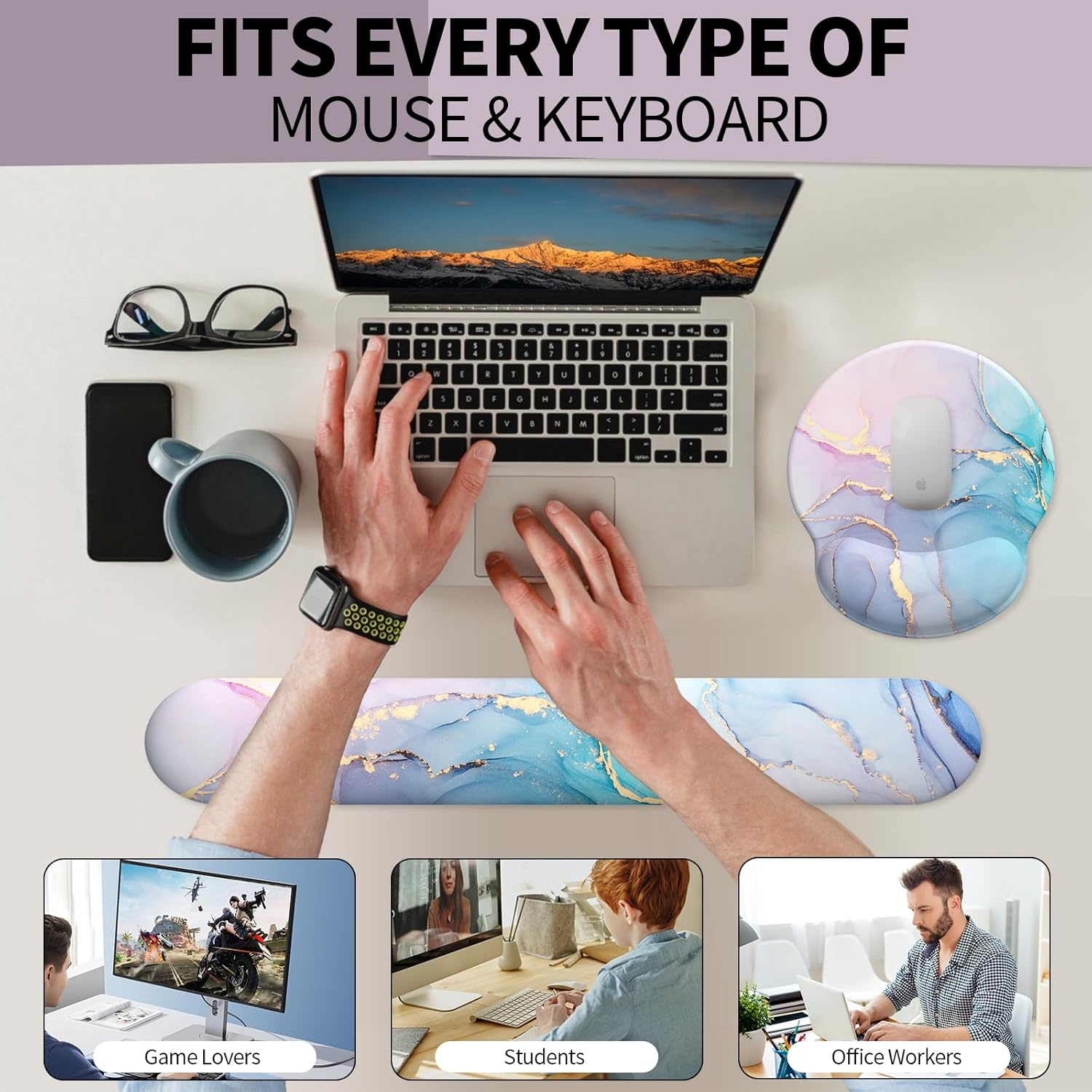 Giecy Mouse Pad Wrist Support, Ergonomic Memory Foam Keyboard Wrist Pad & Gel Mouse Wrist Rest Set for Computer Keyboard for Easy Typing & Pain Relief for Office Home (Pink Blue Marble Set) image number 3