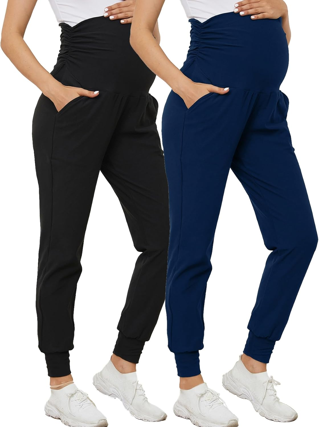 PARNIXS Women'S Maternity Workout Leggings over the Belly Pregnancy Yoga Pants with Pockets Soft Activewear Yoga Pregnancy Pant（2-Piece Set）