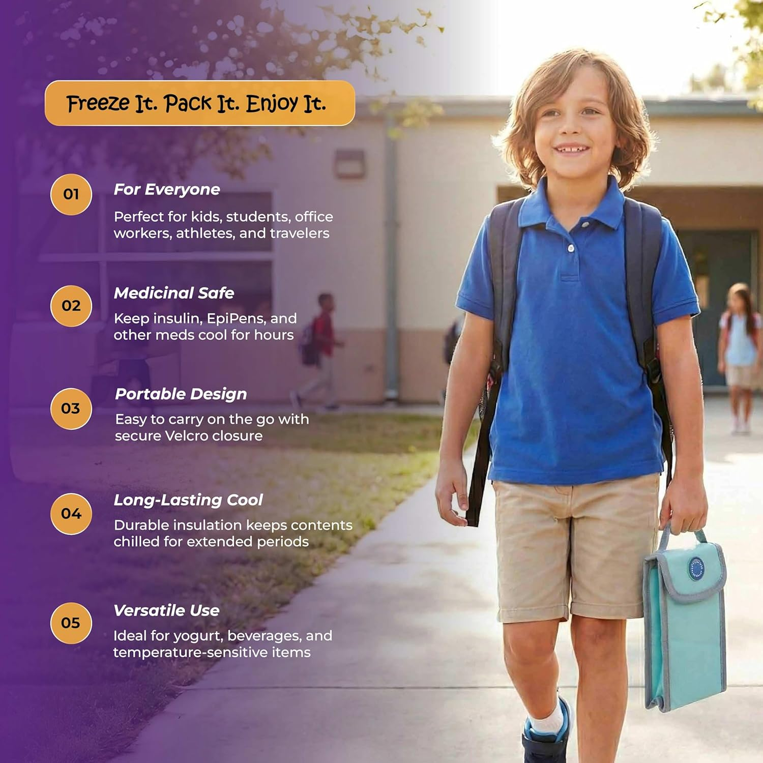 COOLPOD Freezable Kids Yogurt Squeeze Pouch Cooler &ndash; 9.5X4X20 Cm Mini Insulated Pouch Keeps Snacks Fresh up to 8 Hours - Reusable&ndash; Ideal for School, Travel & Picnics (Sage) - Dinosaur image number 5