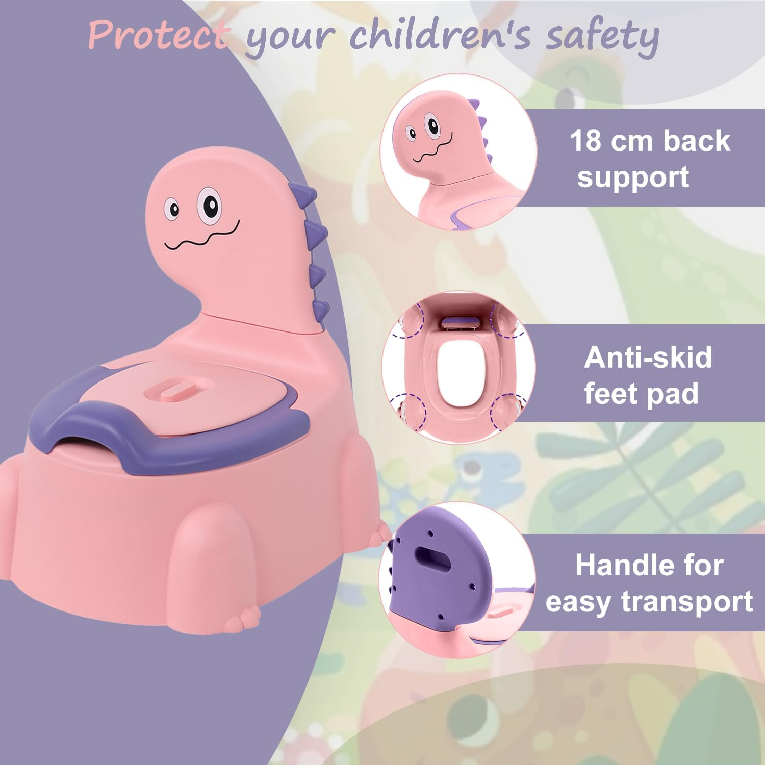 Kaiounni Toddler Potty Seat &ndash; Comfortable Dinosaur Design Toilet Trainer with Non-Slip Mat, Backrest, Soft Lid, and Portable for Boys & Girls Aged 1-6, Safe Potty Training Seat (Pink) image number 2