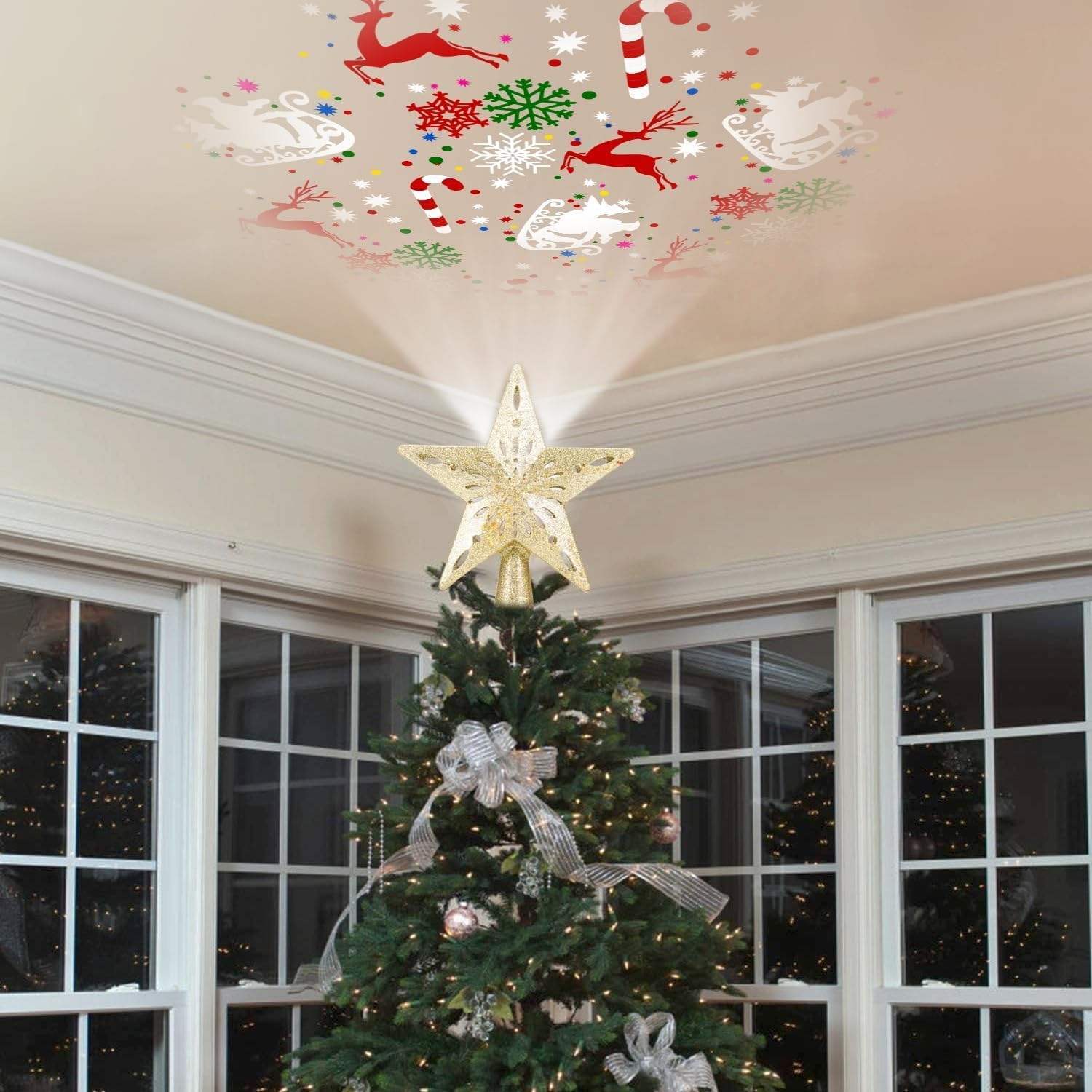 Christmas Tree Topper Lighted Star with 6 Projected Patterns,3D Hollow Sparkling Star Christmas Tree Topper with Rotating Magic Projector for Christmas Tree Ornament image number 2