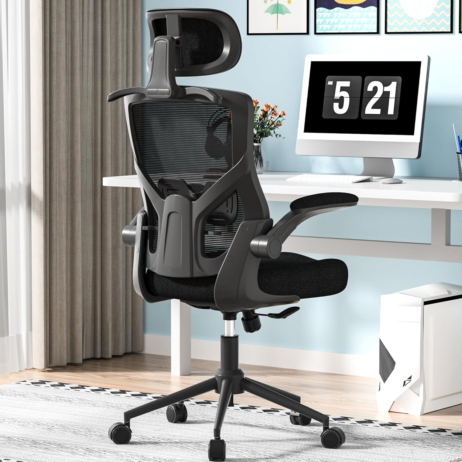 FOKESUN Ergonomic Office Chair, High Back Mesh Desk Chair with Thick Molded Foam Cushion, Coat Hanger, Adjustable Headrest, Lumbar Support, Tilt & Lock Function - Task Chair (All Black)