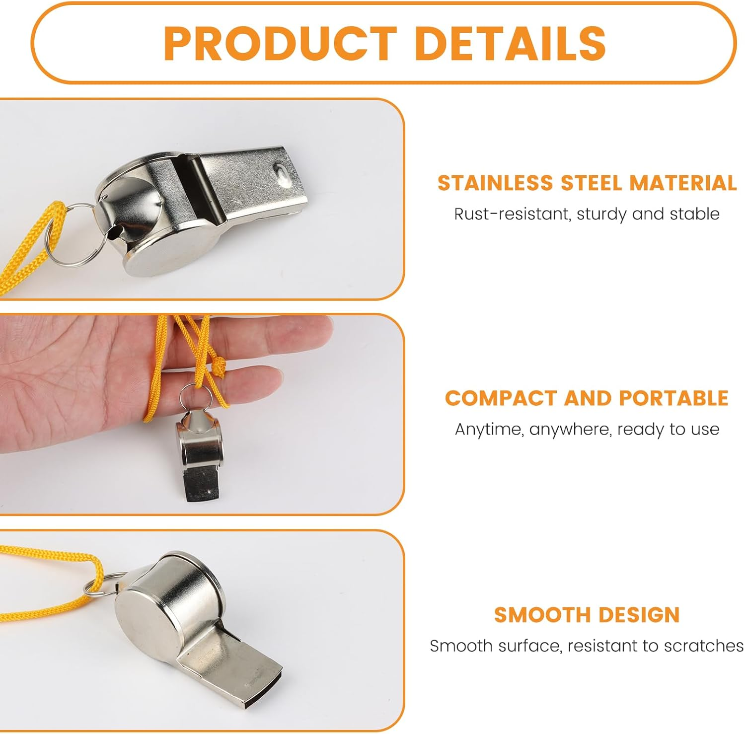 3Pcs Stainless Steel Referee Whistle with Durable Lanyard Producing Loud Crisp Sound for Sports Training Coaching Outdoor Games Fitness Hiking Camping Survival Emergency Durable Metal Whistles image number 1