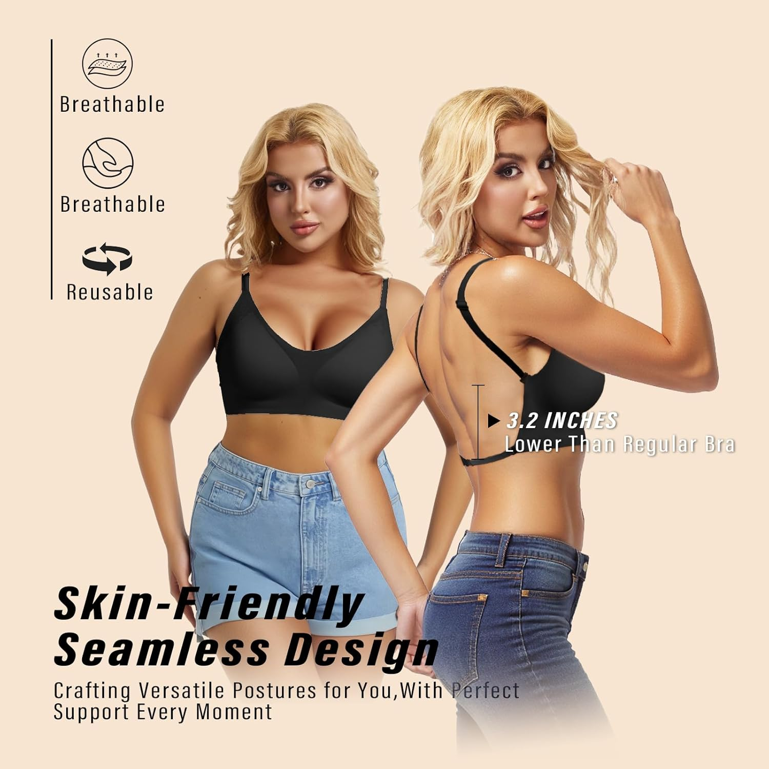 Women'S Low Back Bra, Backless Non-Wired Seamless Invisible Bra, Multiway Convertible Strap, Removeable Padding Bra with Adjustable Straps image number 1