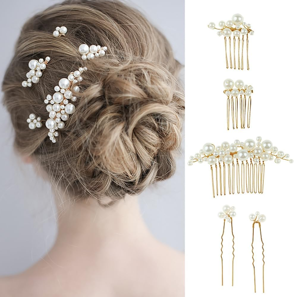 5 Pieces Small Pearl Hair Combs Pearl Metal Hairpins Bridal Wedding Hair Clips Bridal Hair Accessories Side Comb Hairpiece Pearl Hair Accessories Elegant Hair Accessories image number 4
