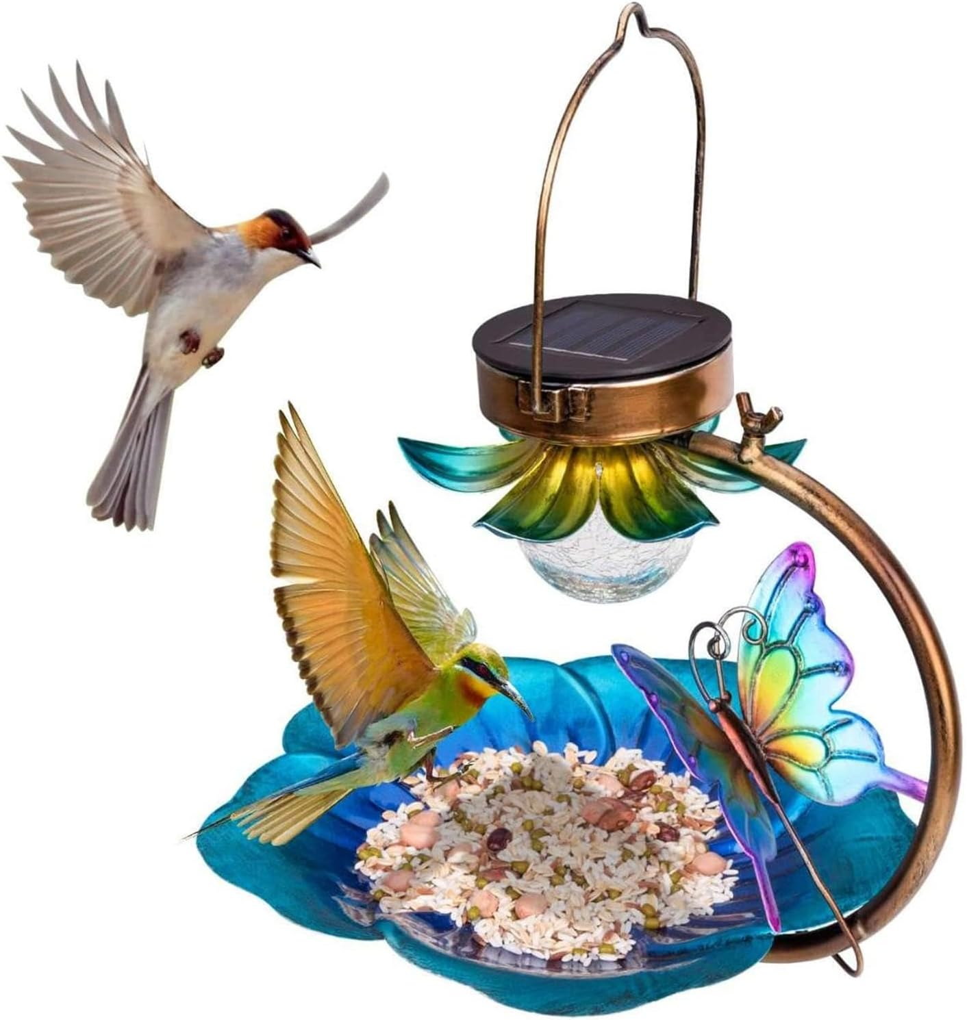 Metal Bird Feeder | Metal Lamp Feeder for Birds | Solar Powered Eaturing an Irregular Interior Pattern and a Bright and Warm Night image number 6