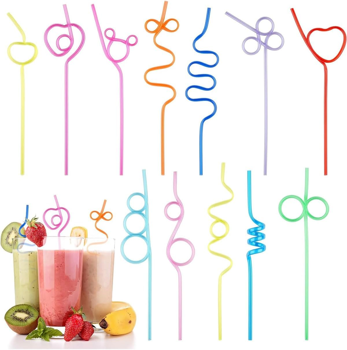 KGDUYC Pack of 12 Curly Shapes Straws, Colourful Plastic Long Reusable Straws for Cold Drinks, Cocktails, Children'S Birthday Parties, Weddings image number 3