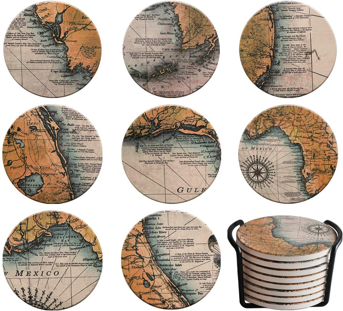 Darate Absorbent Coasters with Holder Set of 8, Coasters for Drinks, Unique Housewarming Gift, 4 Inch round Coaster for Bedroom, Home, Office, Bar, Dining Room, Living Room, Kitchen (Nautical Chart)