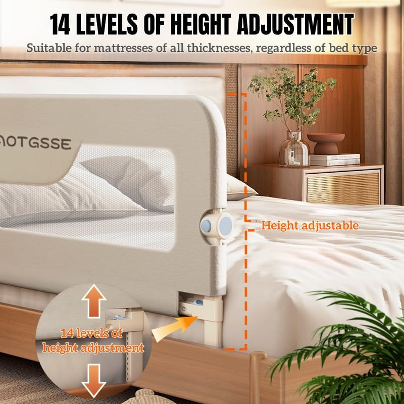 Elephant Toddler Bed Rail, 180Cm Extra Long Baby Kids Bed Rails Guard, Foldable and 14 Levels of Height Adjustable, Suitable for Built-In and Flat Beds, to King Size Mattresses - 180Cm W X 70Cm H image number 2