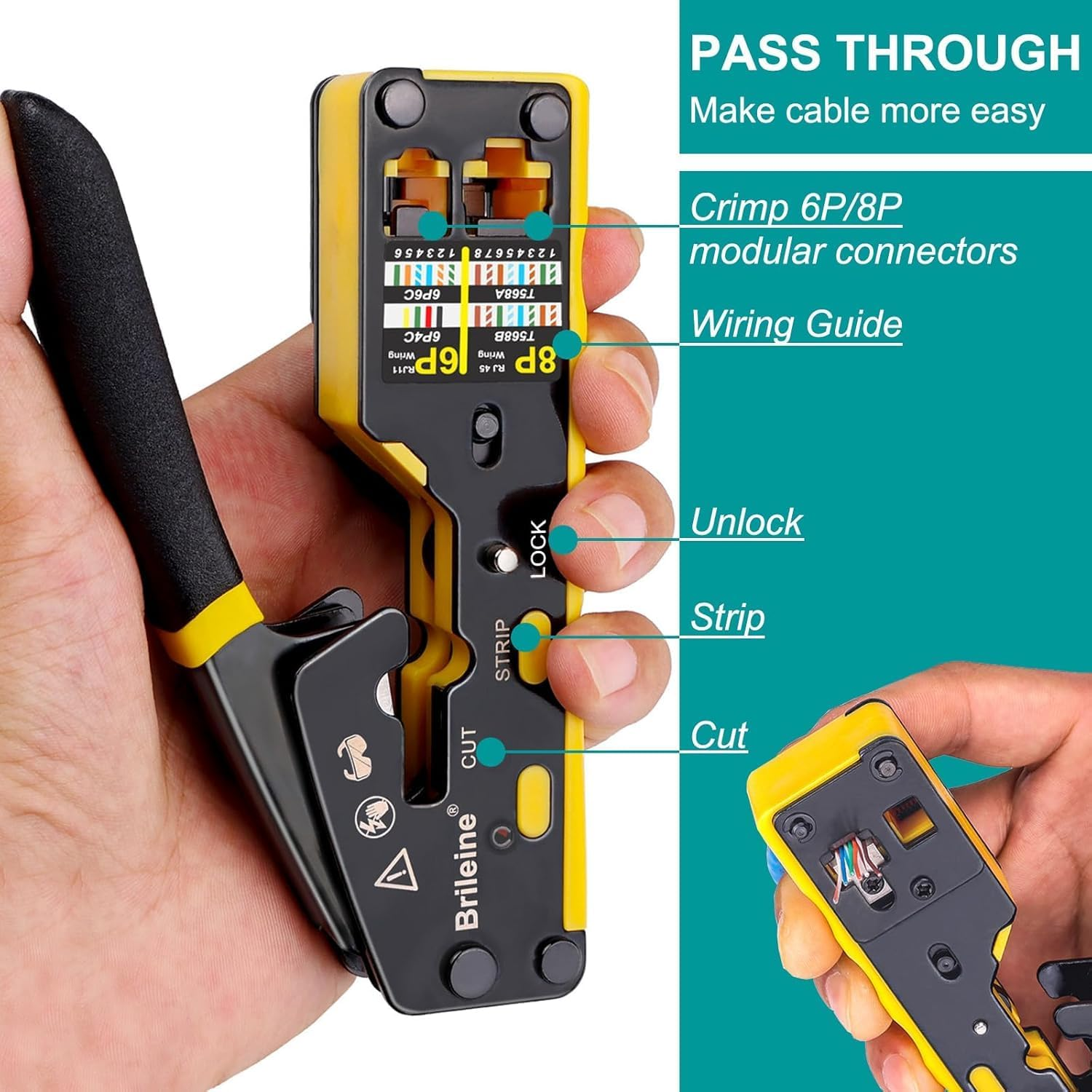 RJ45 Crimp Tool Pass through Ethernet Crimper for RJ45 Connectors / Cat6 Cat6A Cat5 Cat5E Connector Ethernet Crimpe Tool Kit with Mini Cable Stripper image number 4