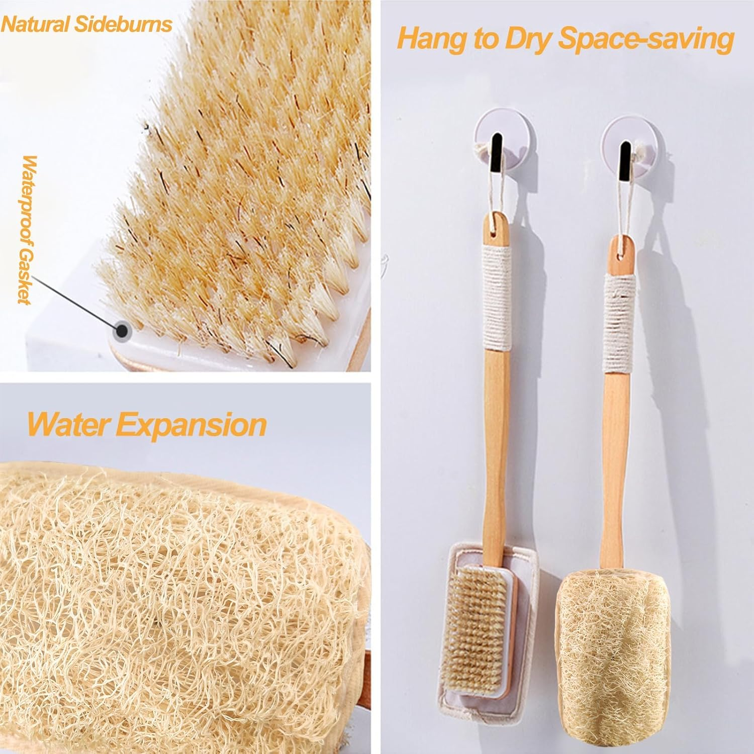 Catchu Loofah Shower Brush, Double Sided Eco-Friendly Bath Brush, Natural Loofah Detachable with Long Bamboo Handle and Boar Bristle Back Scrubber for Bathing Skin Exfoliator - Single image number 3
