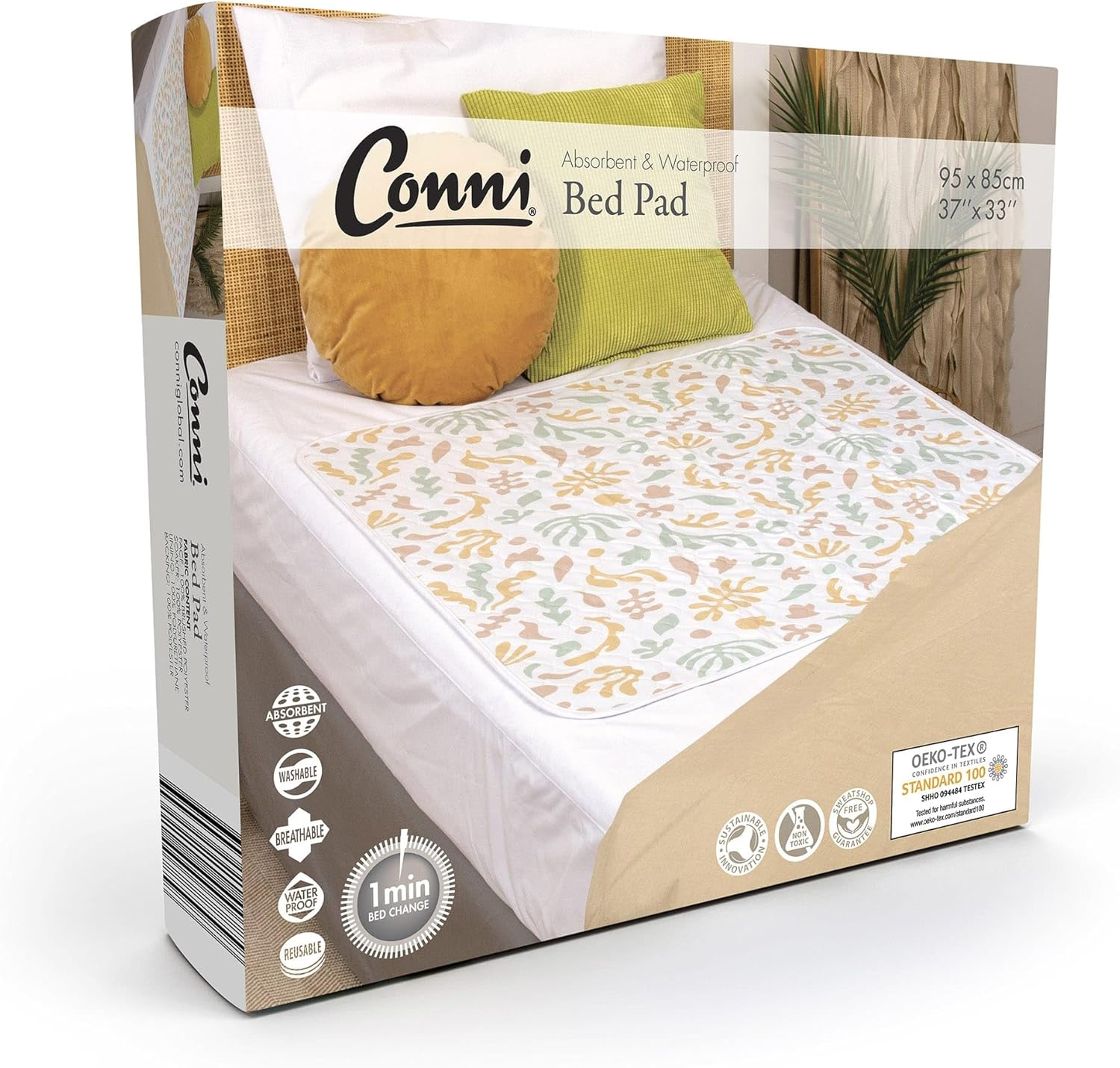 Conni Reusable Bed Pad, Absorbent, Waterproof and Washable Protector Pad for Incontinence, Bed Wetting and Perspiration, Charcoal, 95 X 85 Cm