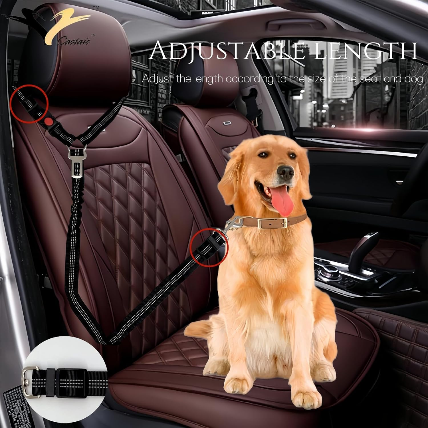 Castaic 2-In-1 Dog Seat Belt and Leash, 2 Pack Pet Safe Guard Car Seat Belt, Adjustable Seatbelt Headrest with Nylon Fabric Reflective Stripe (Black) image number 6
