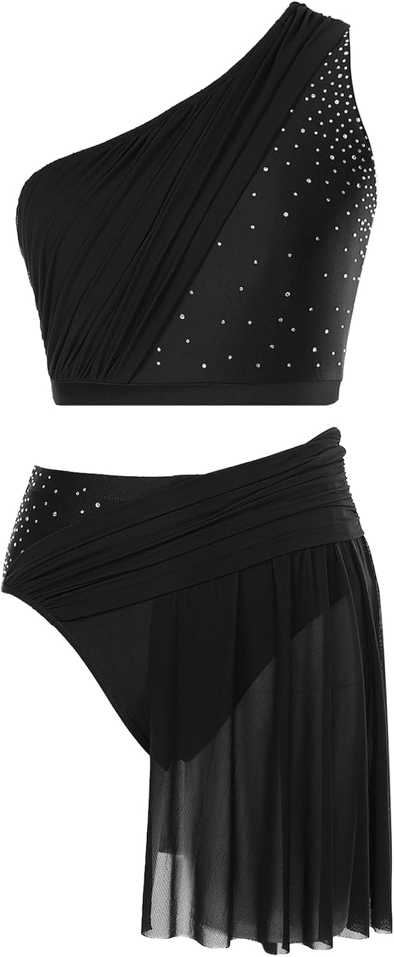 Womens Lyrical Dance Outfit One Shoulder Shiny Rhinestones Crop Top with Mesh Skirted Briefs