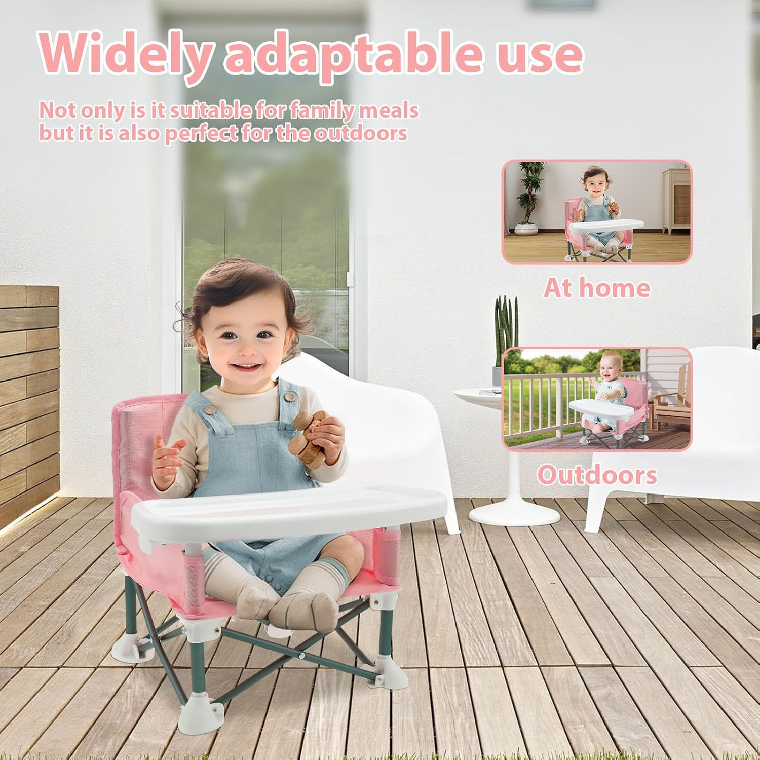 Baby Booster Seat Highchair, Portable Toddler Booster Seat High Chair with Child Safety Belt and Rear Storage Pocket Foldable Baby Floor Seat with Removable Feeding Tray for Indoor and Outdoor Use (Pink) - Grey image number 6