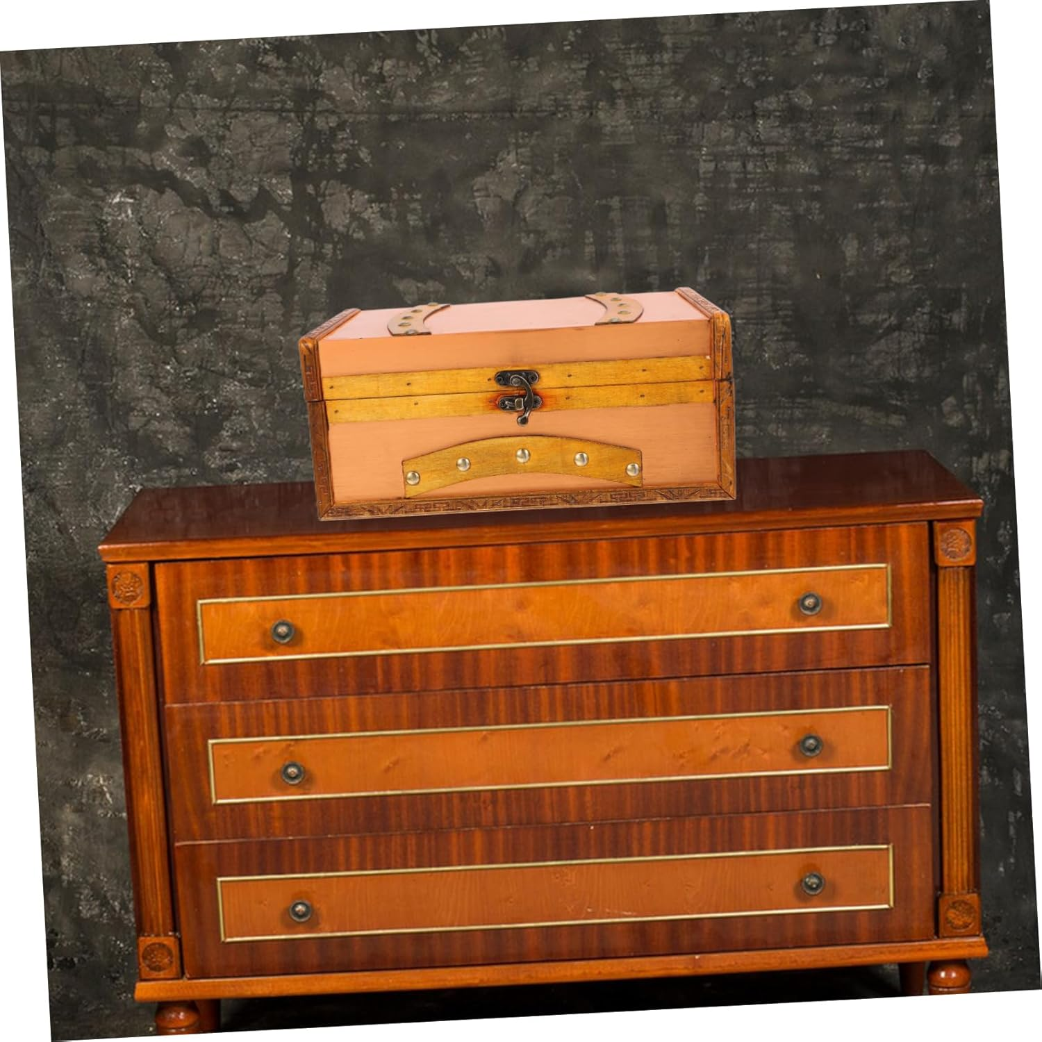 Operitacx Retro Wooden Storage Box Vintage Treasure Chest for Boys and Girls Small Wood Box Lid for Home Decor and Organizing Cards Jewelry and Small Treasures image number 4