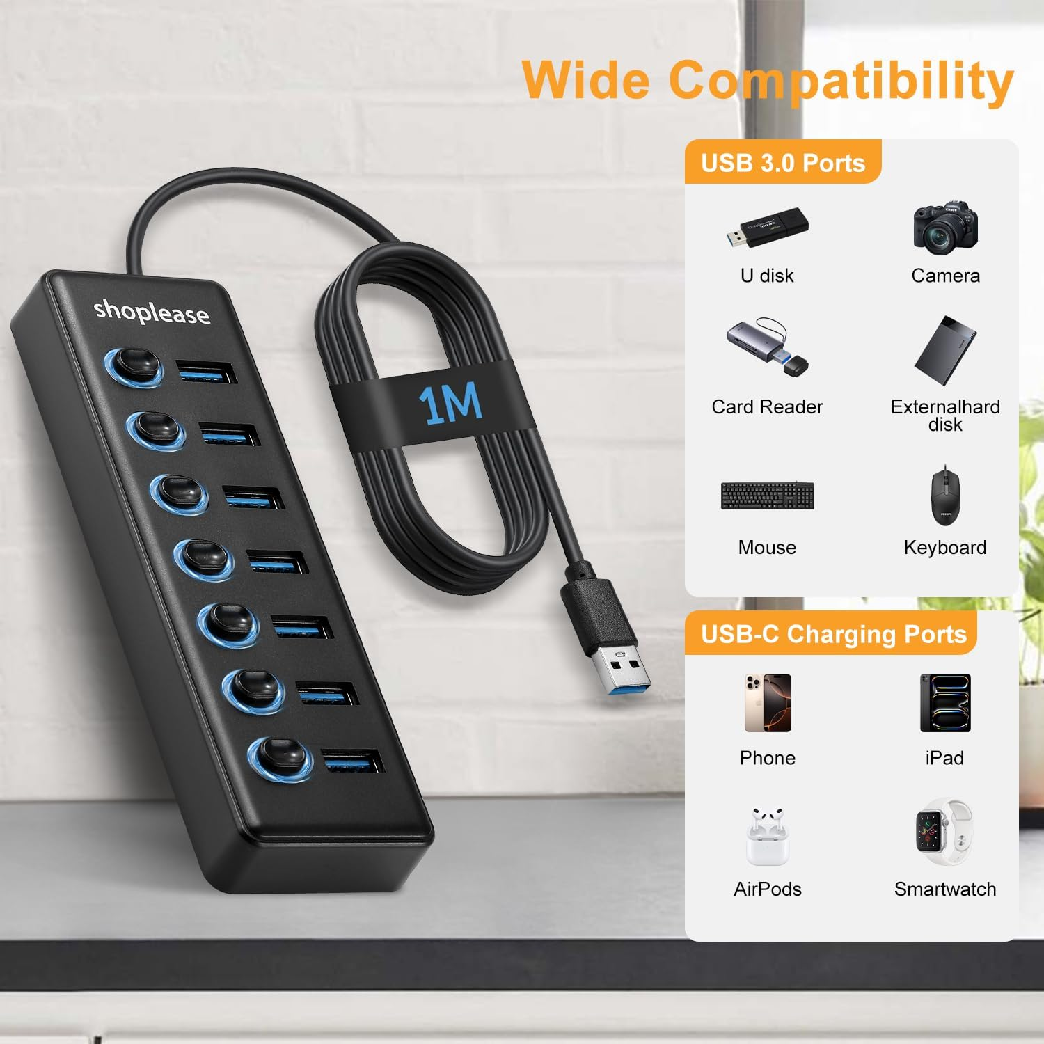 USB 3.0 Superspeed Hub with 1M Line, 7 Ports Splitter with Individual Power Switches and LED Light image number 6