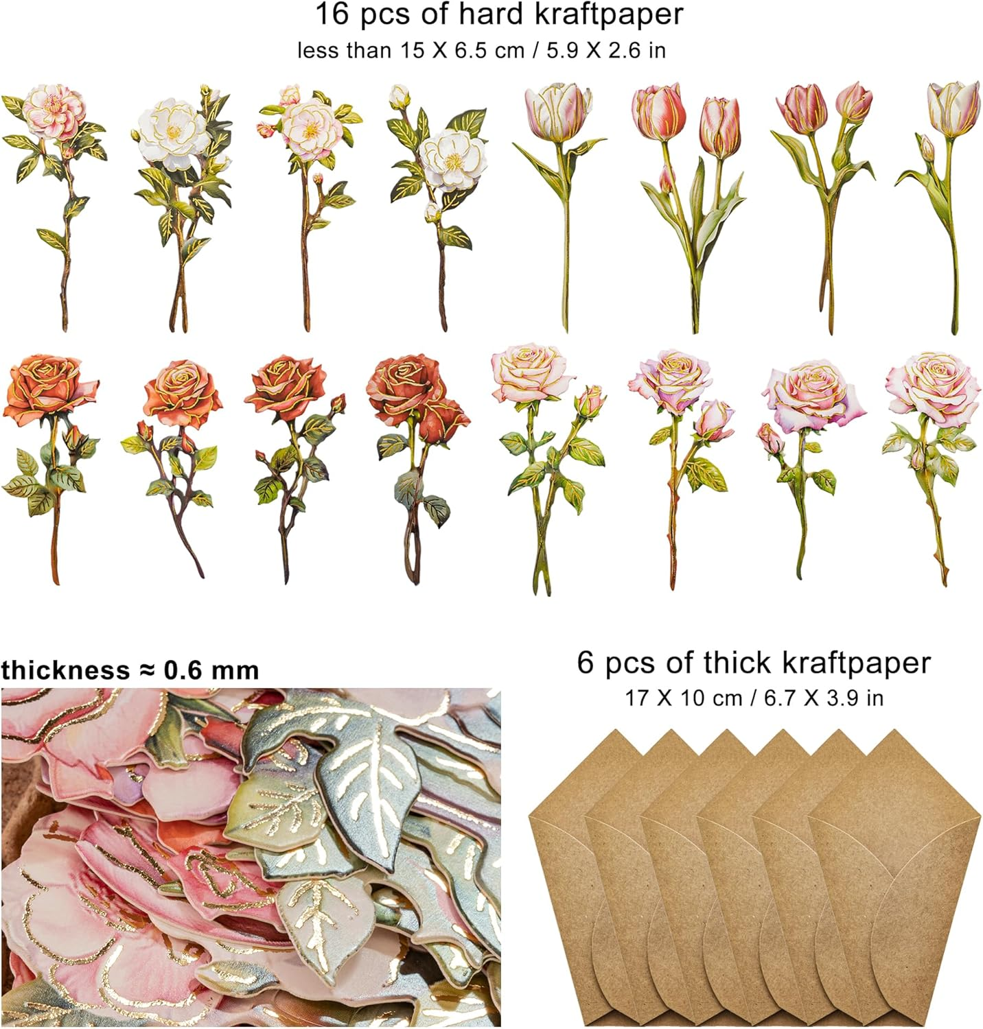 Flower Bouquet Craft Kit DIY Paper Rose Bouquet Thick Paper Cutout of Tulip with Long Branch Camellia Foil Stamping Peony Die-Cut Hard Floral Bunch for Scrapbooking Card Making Mother'S Day (Kary) image number 4