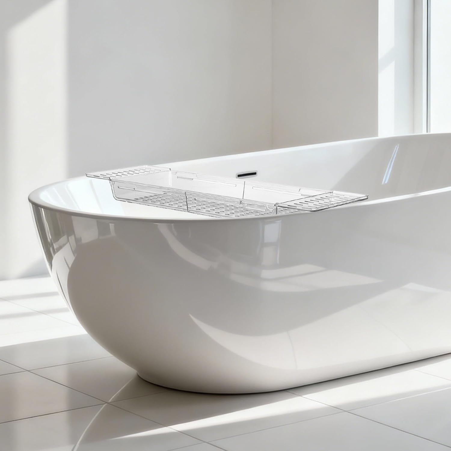 Cabilock Foldable Bathtub Tray: Expandable Plastic Bath Caddy - Bathroom Shower Table Accessories for Book Phone Tablet Wine Kichen Over-The-Sink Organizer Storage Rack image number 6