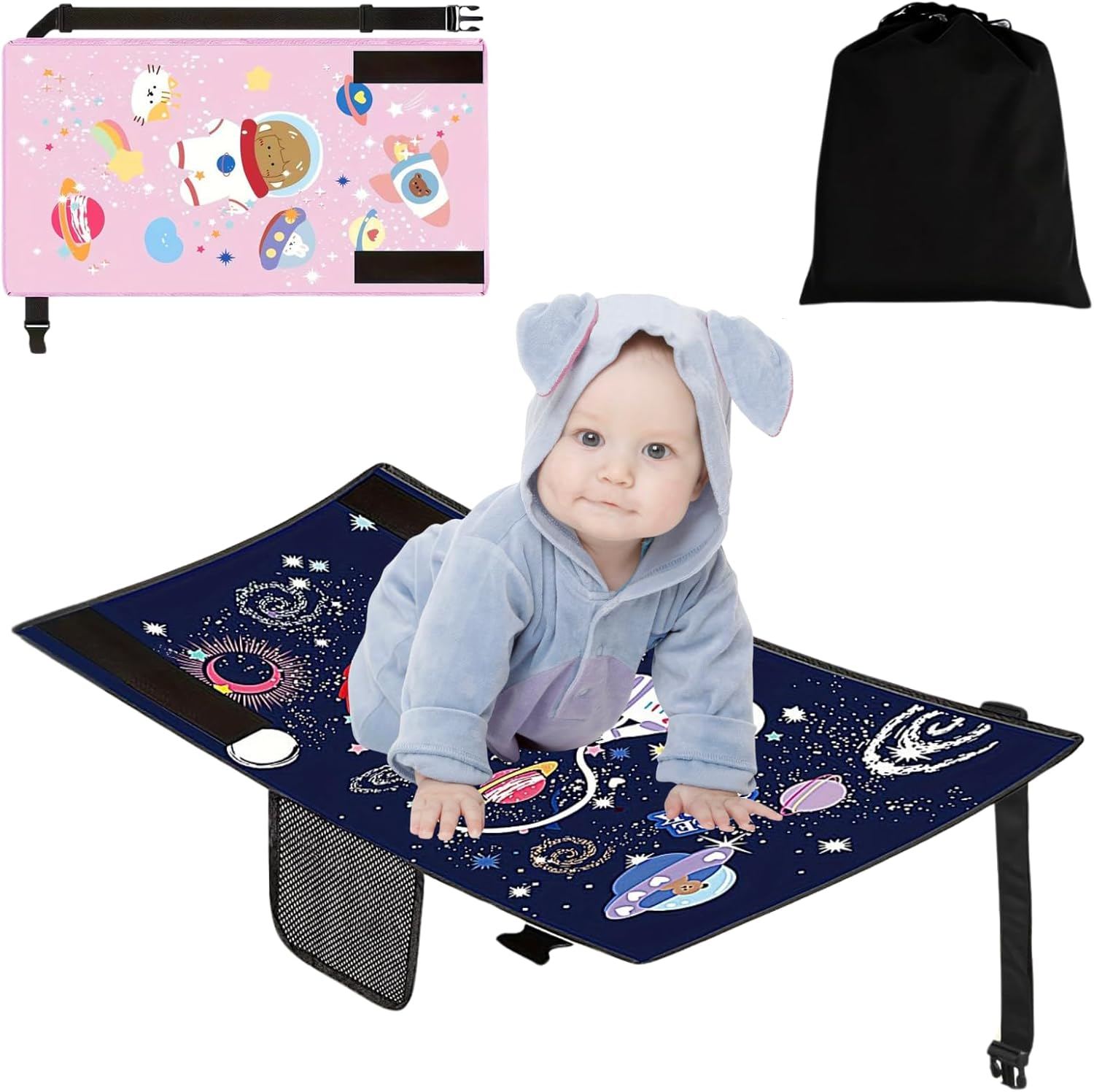 Airplane Travel Bed for Kids, Airplane Seat Extender Portable with Side Pocket, Airplane Travel Accessories for Kids, Foot Leg Rest Hammock Cot for Flights, Compact&Light (Pink)