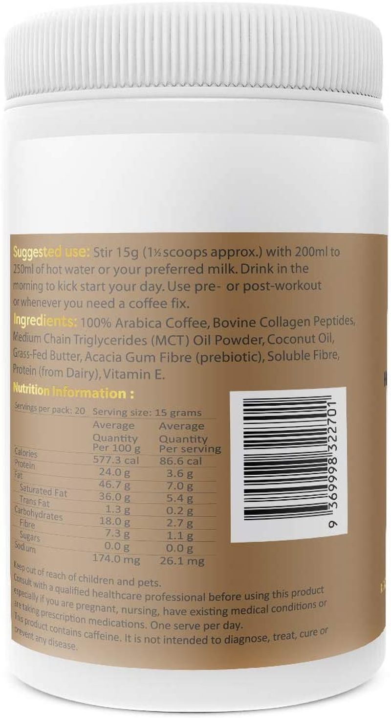Collagen Coffee - Hydrolyzed Collagen Peptides for Skin, Hair and Nail Health, MCT Oil, Grass-Fed Butter and Acacia Fibre, 100% Arabica Coffee, Keto/ Paleo / Low Carb Friendly, Unsweetened, All-In-One Instant Coffee 300G (20 Serves) image number 3