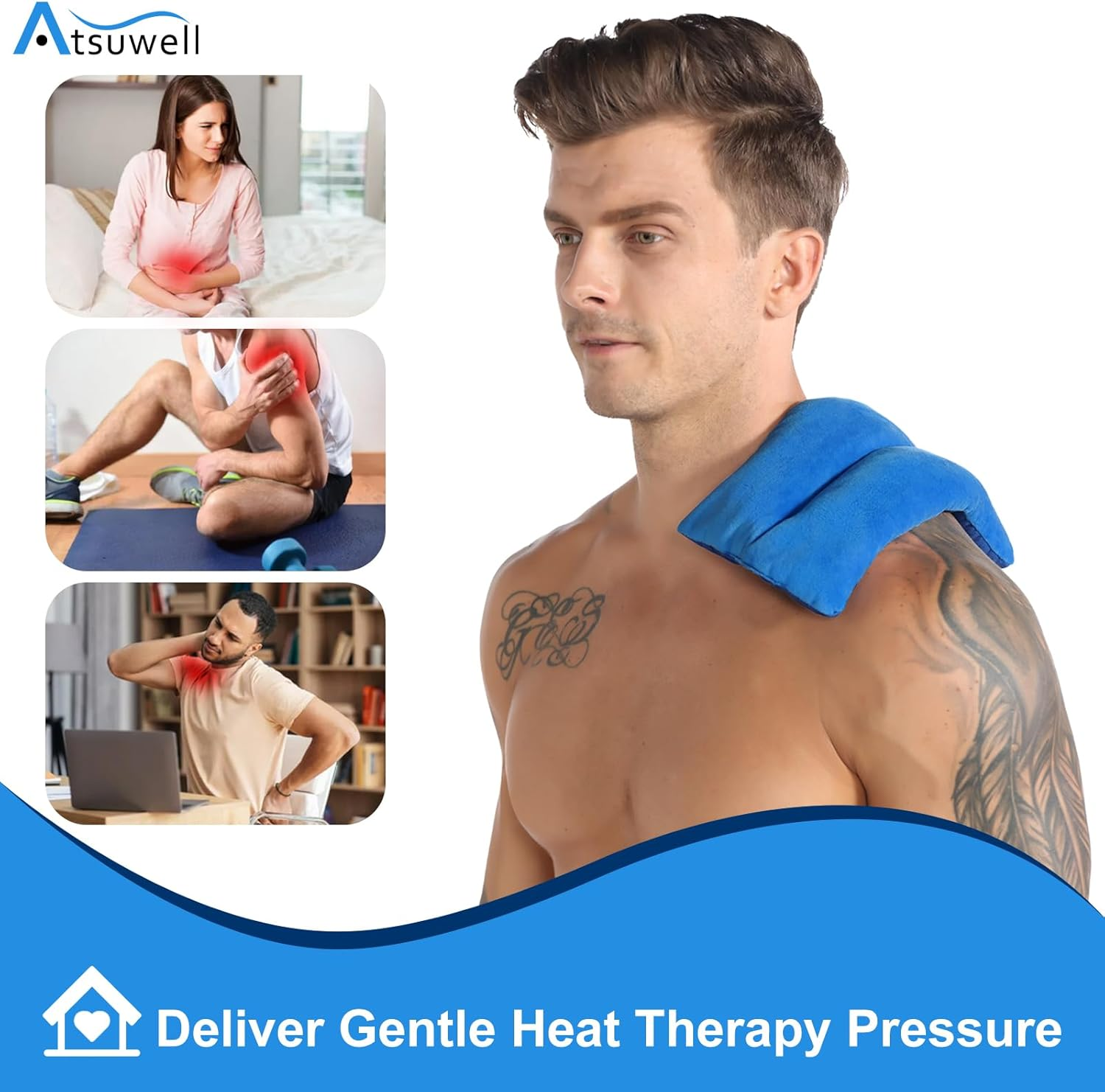 Atsuwell Microwave Heating Pad for Pain Relief, Rice Microwavable Moist Heat Pack for Cramps, Neck and Shoulders, Knee, Muscles, Joints, Back Pain, Bean Bag Heating Pad for Warm Compress, Blue image number 3