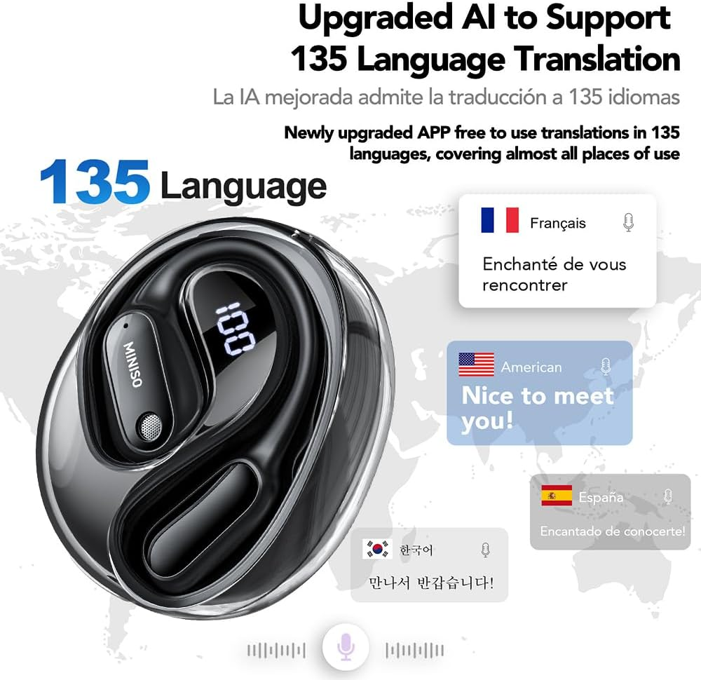 MINISO MS190 AI Translation Earbuds Real Time, 135 Language Translator Earbuds with APP, Open Ear OWS Translating Headphones, Audifonos Traductores Ingl&eacute;s Espanol Fit Ios and Android