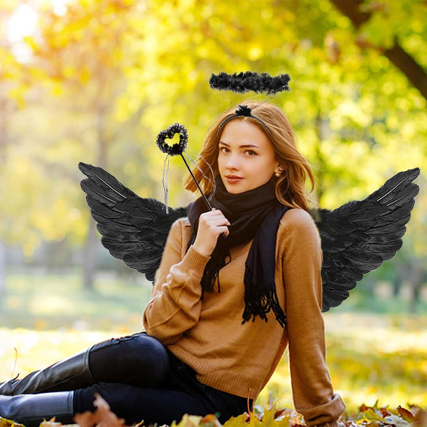 Angel Wings Black, 60 Cm Costume with Halo and Wand, Women'S and Girls' Black Feather Wings, Angel Decoration image number 3