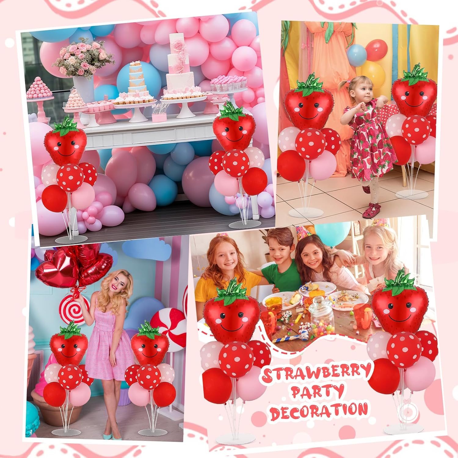 4 Sets Strawberry Party Balloons Stand Kit with Strawberry Foil Balloons Sweet Strawberry 1St Party Balloon Centerpiece for Tables for Girls Strawberry Birthday Baby Shower Decoration image number 4
