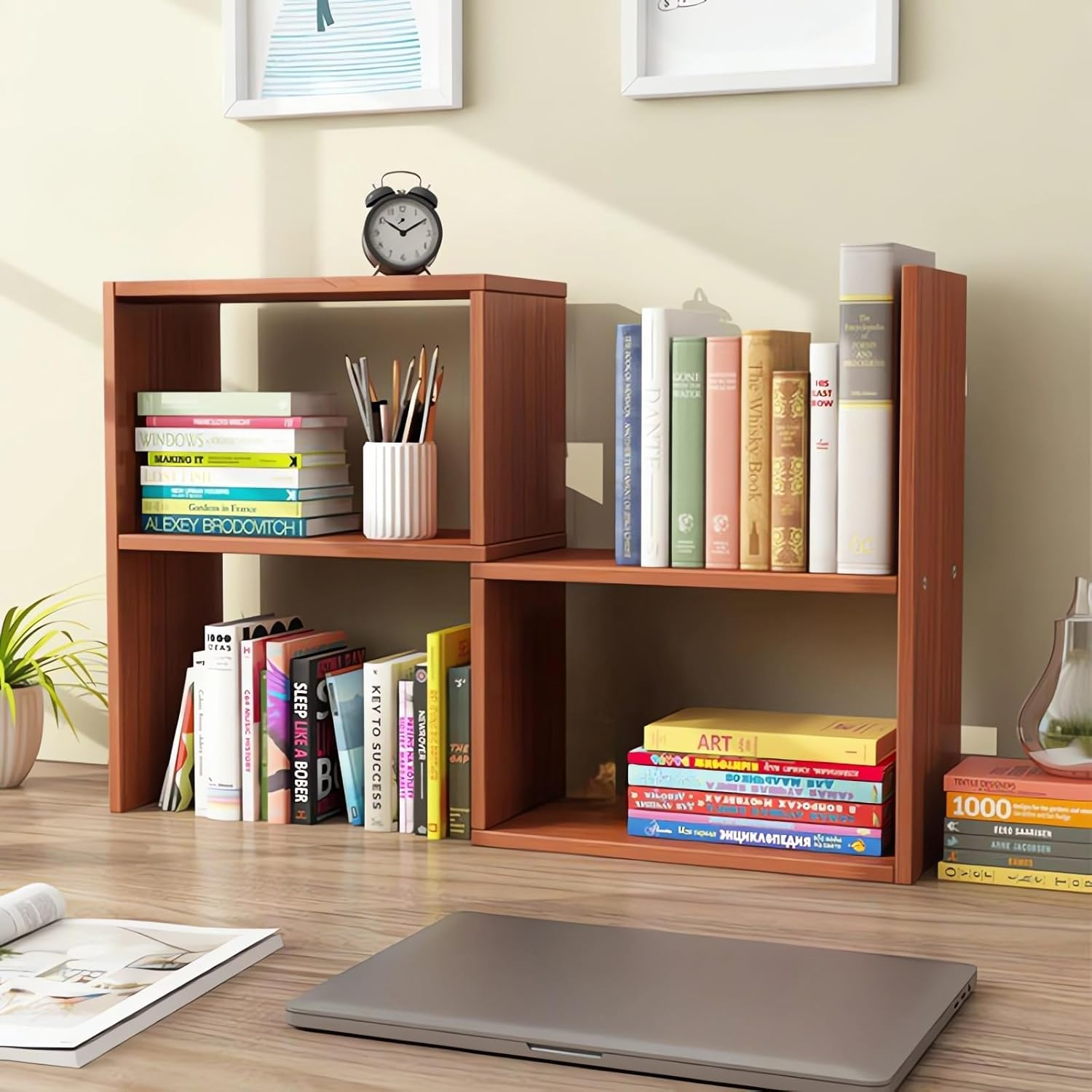 Desktop Wooden Bookshelf Organiser, Wood Bookcase, 3-Tier Storage Shelf for Books and Office Supplies A208 (A Coffee)