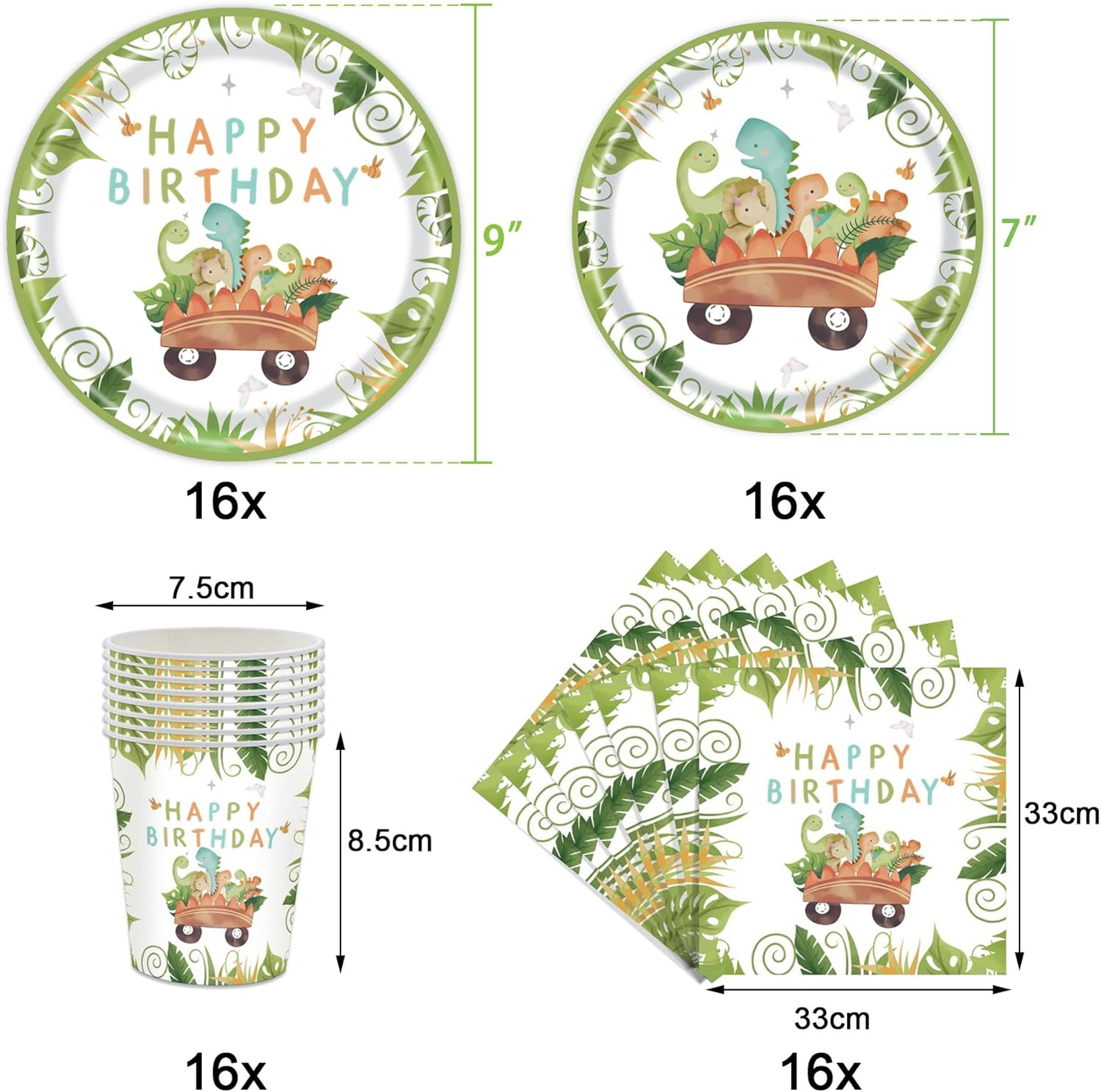 Dinosaur Birthday Party Supplies and Baby Shower Decorations - Tableware Set with Plates, Napkins, Cups for Dino Happy Birthday Theme - Serves 16 image number 3