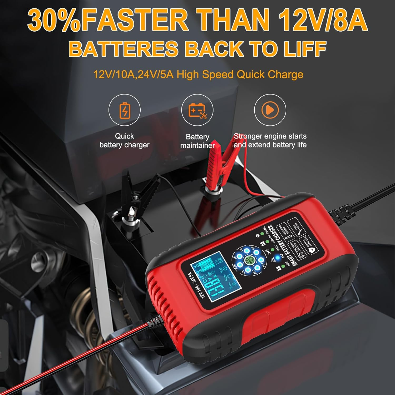 B-Qtech 10-Amp Car Battery Charger, 12V/24V Smart Fully-Automatic Battery Charger 7-Stage Maintainer with Pulse Repair Function for Car Motorcycle Lawn Mower Boat Marine Lead Acid Batteries（Au Plug） image number 5