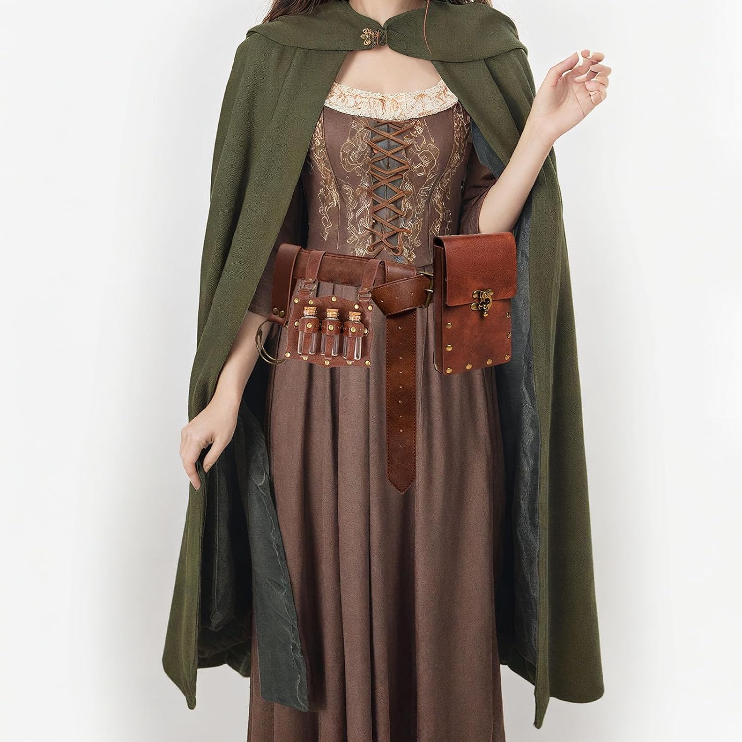 Renaissance Costume Accessories Casual Belt Pouch Fanny Pack Potion Bottle Skirt Hike Set Medieval Festival Halloween, Brown, Standard, Renaissance Costume Belt Pouch Fanny Pack Potion Bottle Set - Brown image number 2