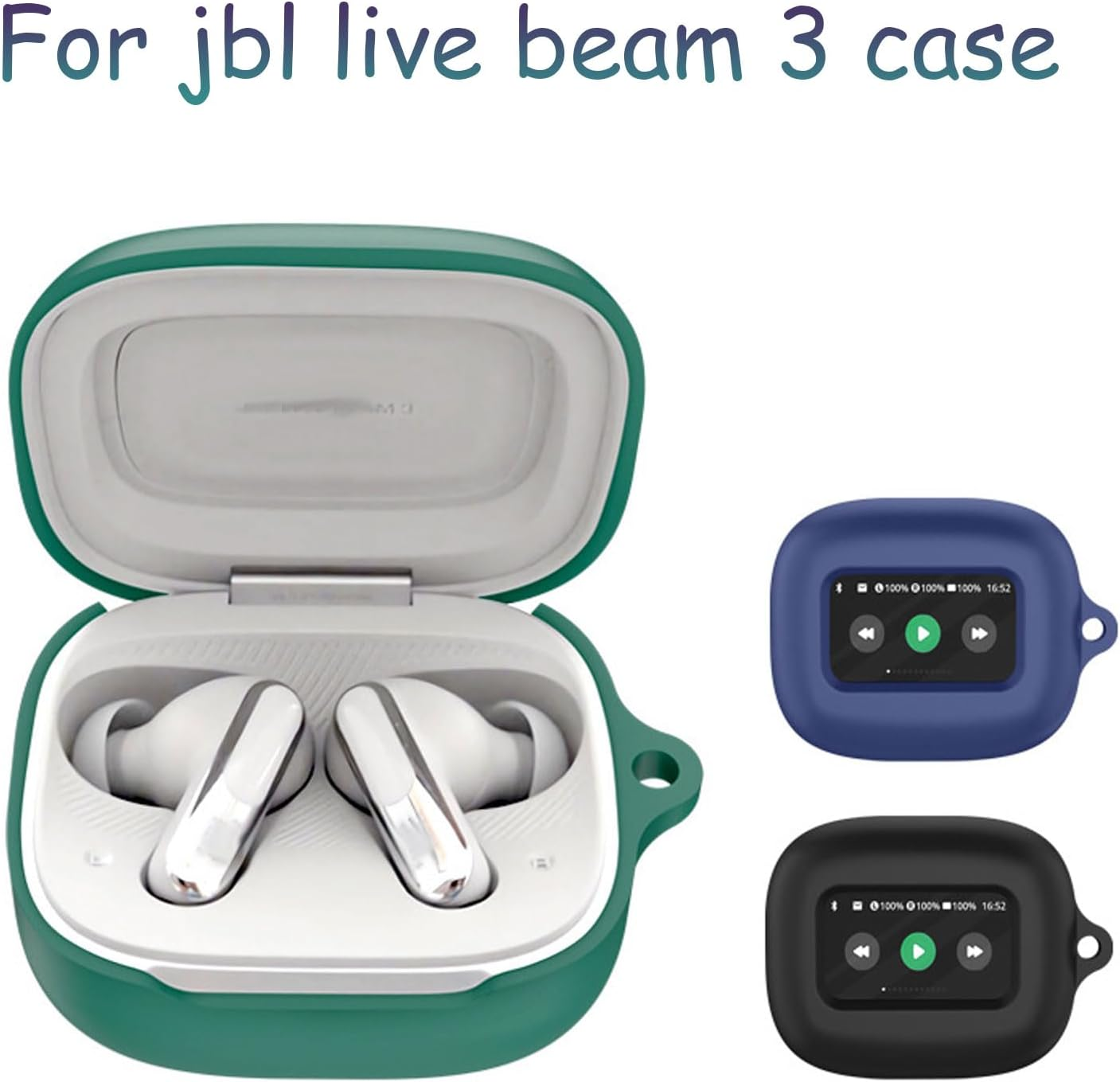 Case Compatible with Jbl Live Beam 3 Wireless Earbuds Silicone Material Shockproof Unique Portable Protective Cover with Carabiner (Black) - Black image number 4