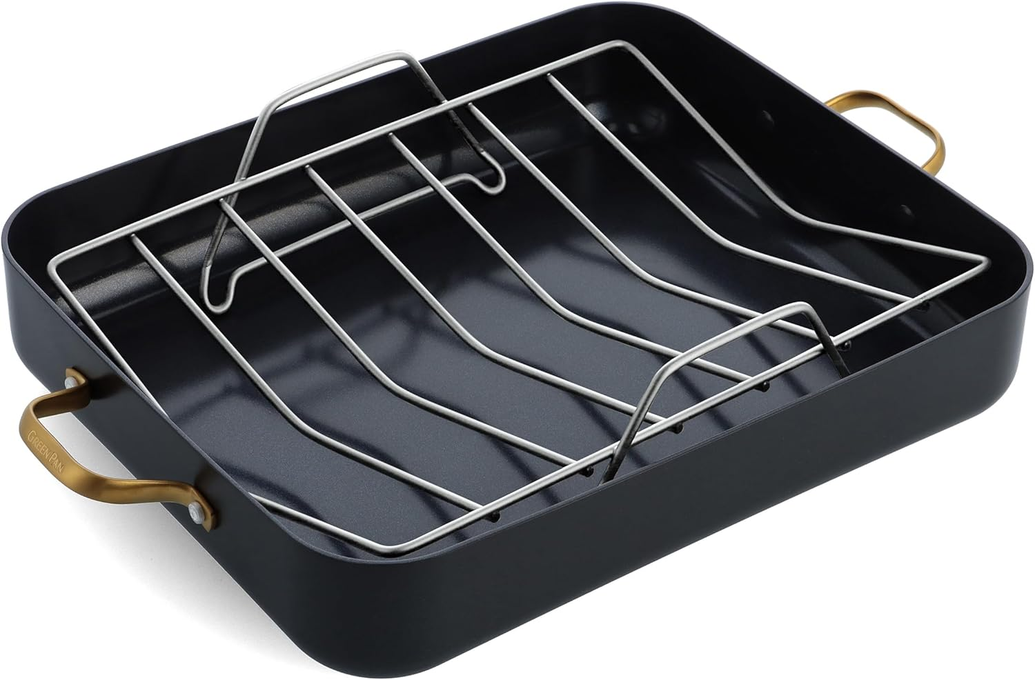 Greenpan Reserve Hard Anodized Healthy Ceramic Nonstick 40 X 33 Cm Roasting Pan with Stainless Steel Roaster Rack, Gold Handles, Pfas-Free, Dishwasher Safe, Oven Safe, Black image number 1