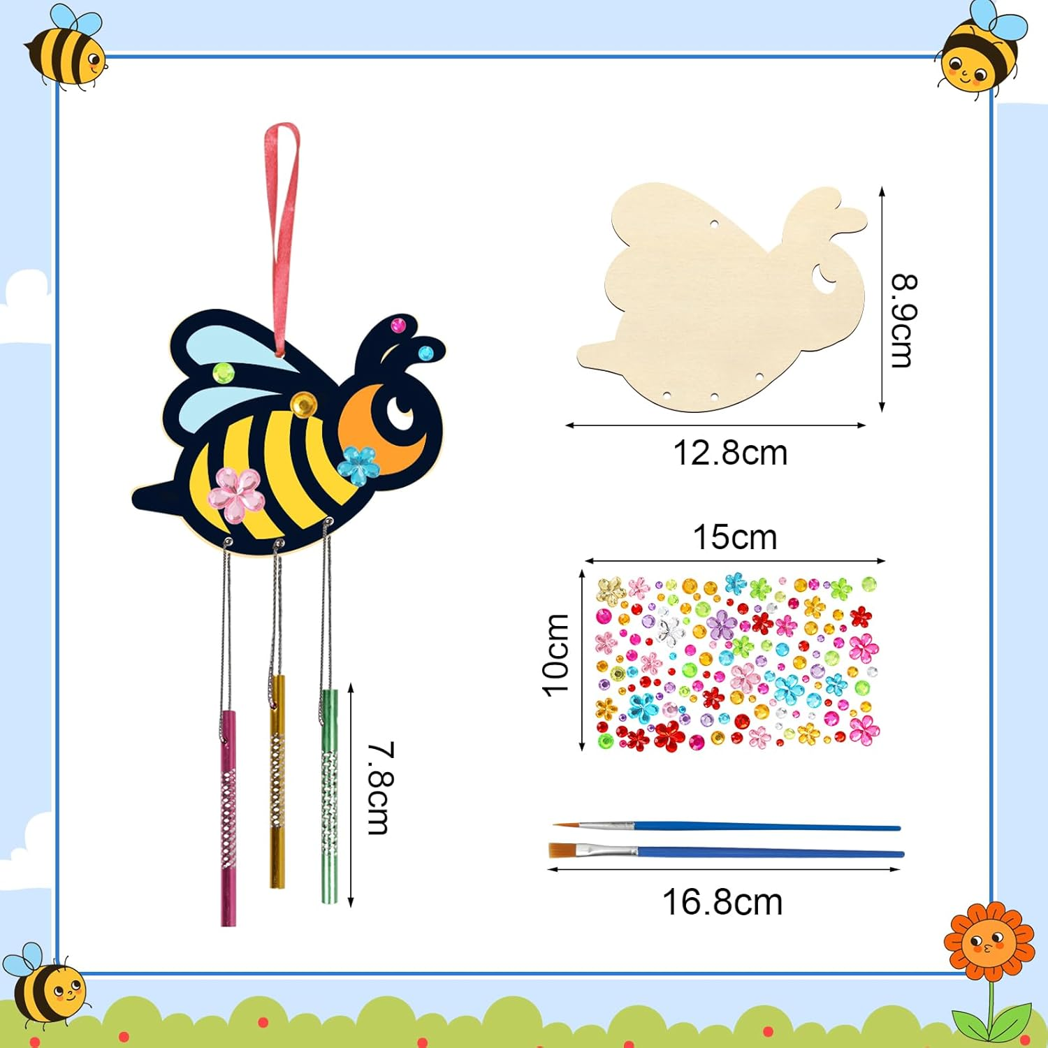 Fennoral 10 Pack Bee Wind Chime Kit for Kids Make You Own Honey Bee Wind Chimes Ornaments DIY Coloring Wooden Art and Craft for Spring Art Activities Birthday Party Decorations image number 6